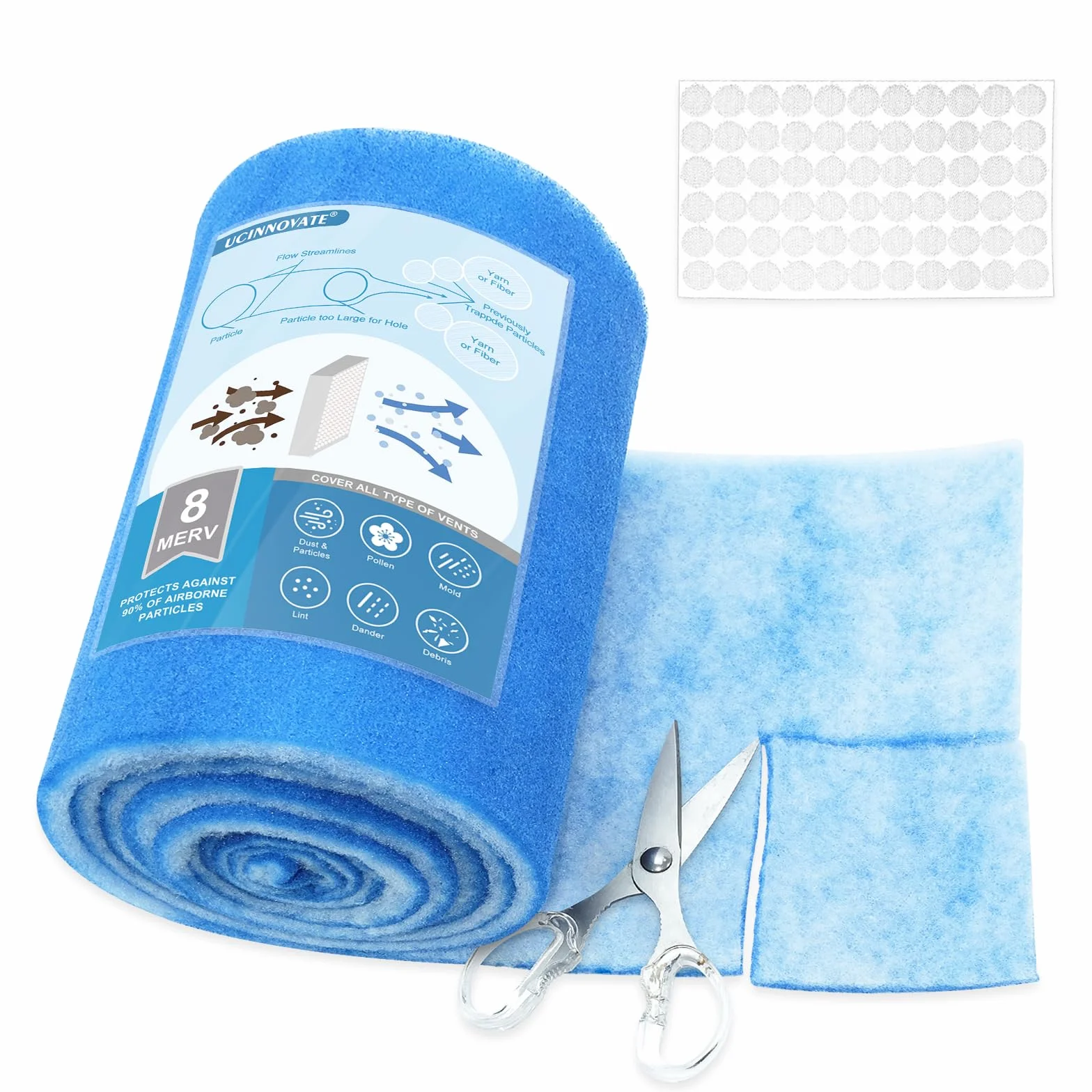 UCINNOVATE Rollo de filtros de ventilación de aire de 50 x 228 cm (más de 50 filtros), kit de filtros de ventilación triples electrostáticos MERV 8 cortados a medida para rejillas de techo del hogar,