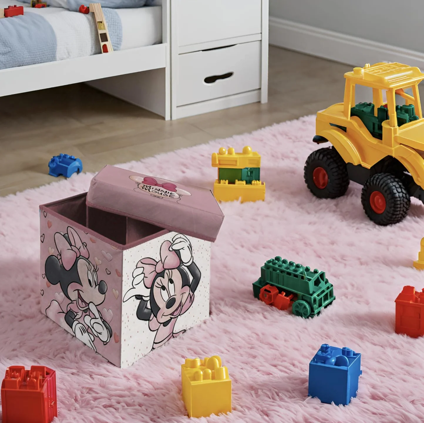 Cubo de almacenaje y asiento Minnie Mouse 30x30x30 cm Taburete infantil plegable con tapa acolchada Organizador de juguetes