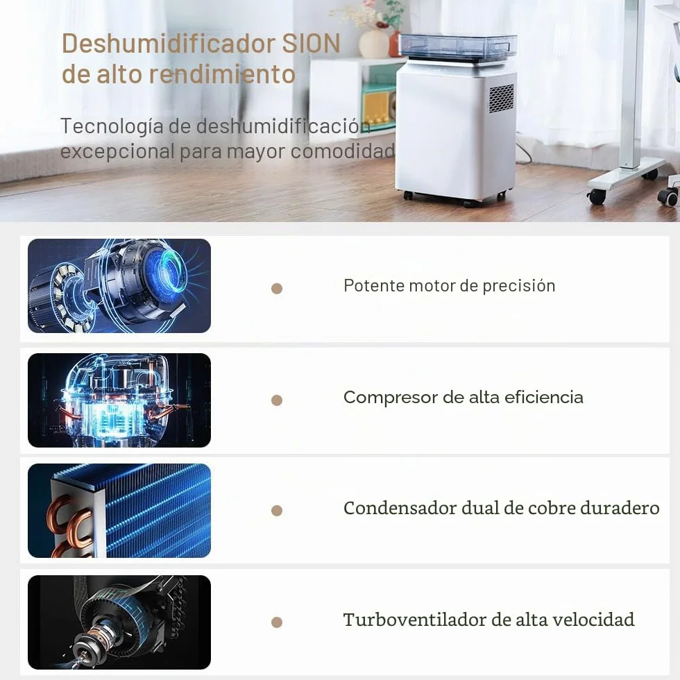 Kalopsia Deshumidificador Eléctrico 80L/Día Automático 8L Bomba 5M Silencioso 46dB 170m² Secado Ropa