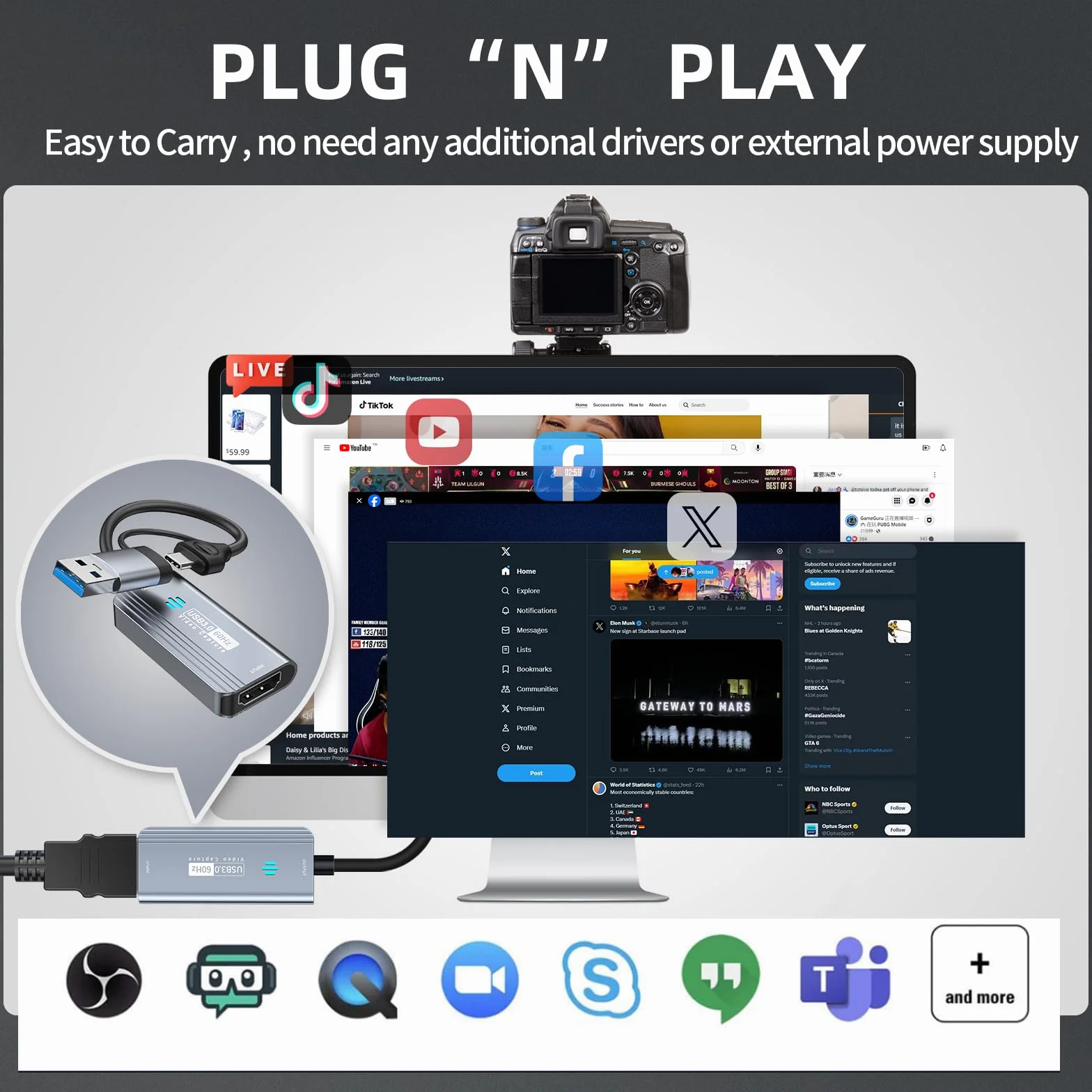 capturadora Video Papeaso, capturadora 4K HDMI a USB/USB C 3.0, Dispositivo de Captura de Video 1080P 60FPS, para transmisión, enseñanza, Juegos, videoconferencia o transmisión en Vivo