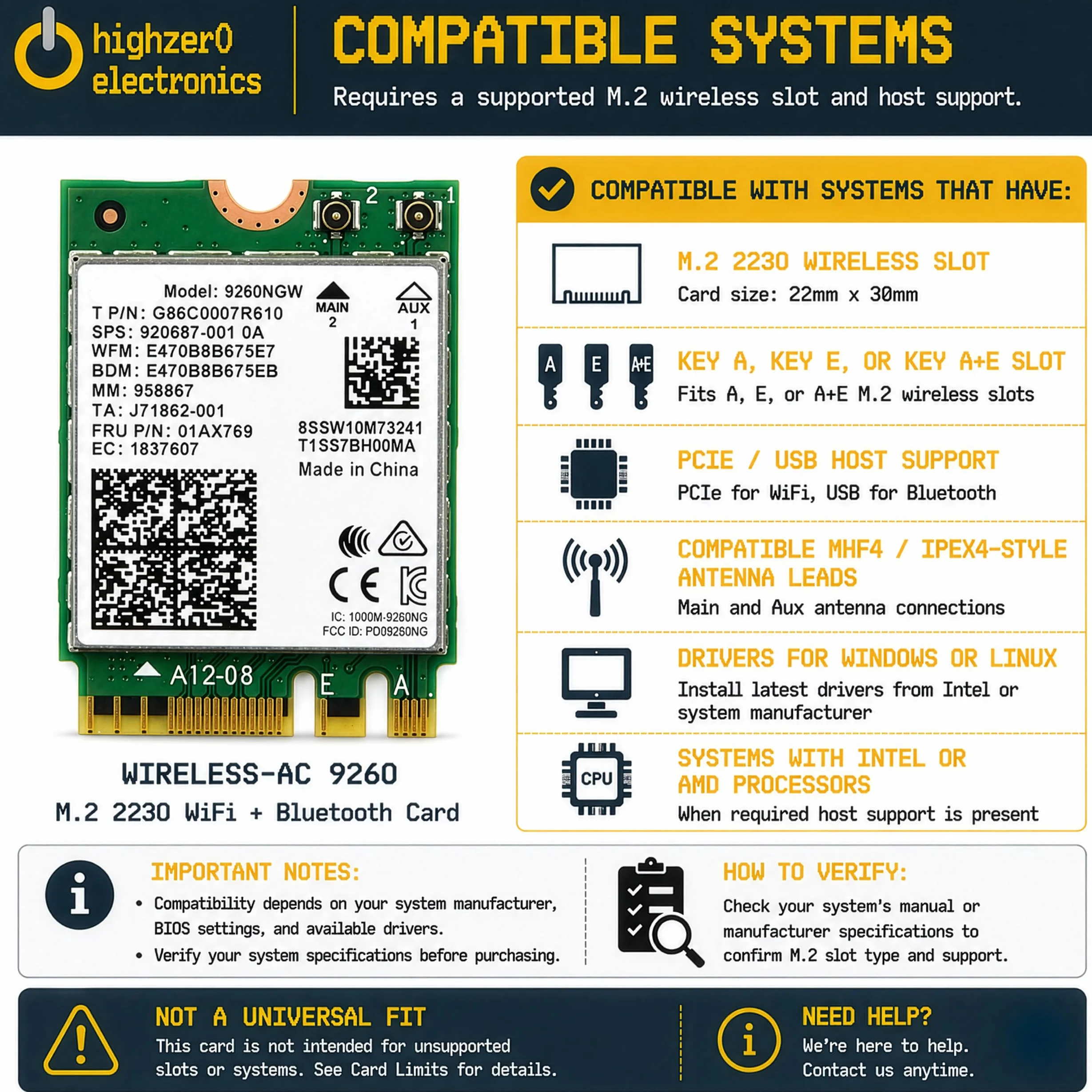 AC 9260 802.11ac M.2 Bluetooth 5.1 Legacy Network Card | WiFi 5 up to 1.73Gbps, MU-MIMO | Compatible with Intel, AMD, Linux & Windows 10/11 | 9260NGW WiFi Adapter