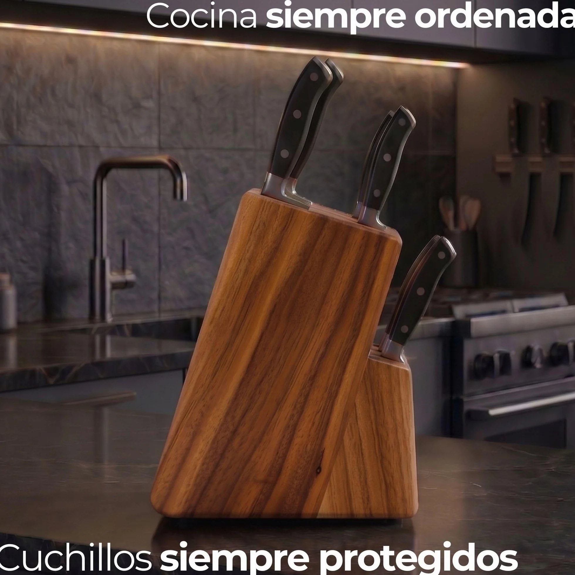 Porta cuchillos cocina universal 15 piezas madera maciza Acacia robusta con soporte para tijera