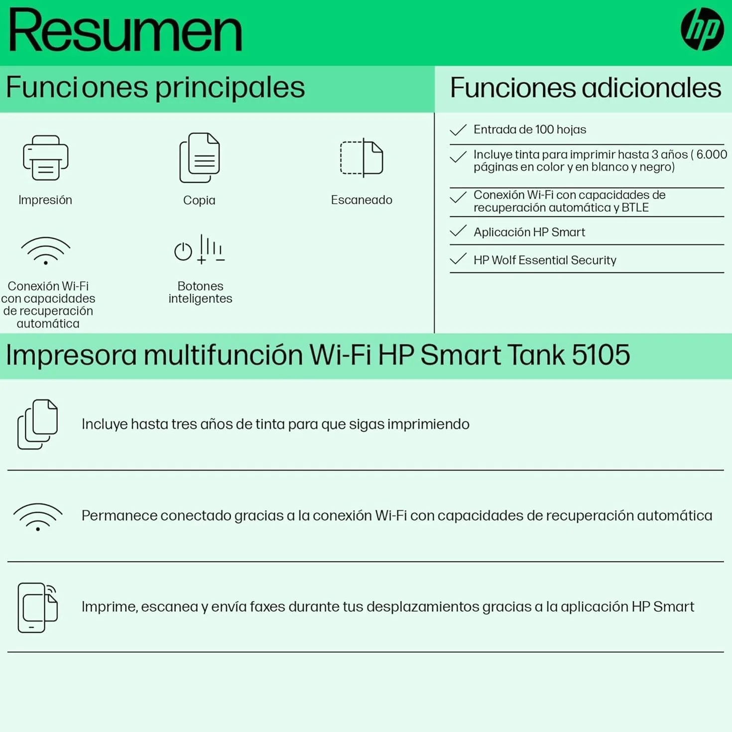 HP Smart Tank 5105 Impresora multifunción 3 en 1 Wi-Fi impresión móvil Tinta incluida gran alcance