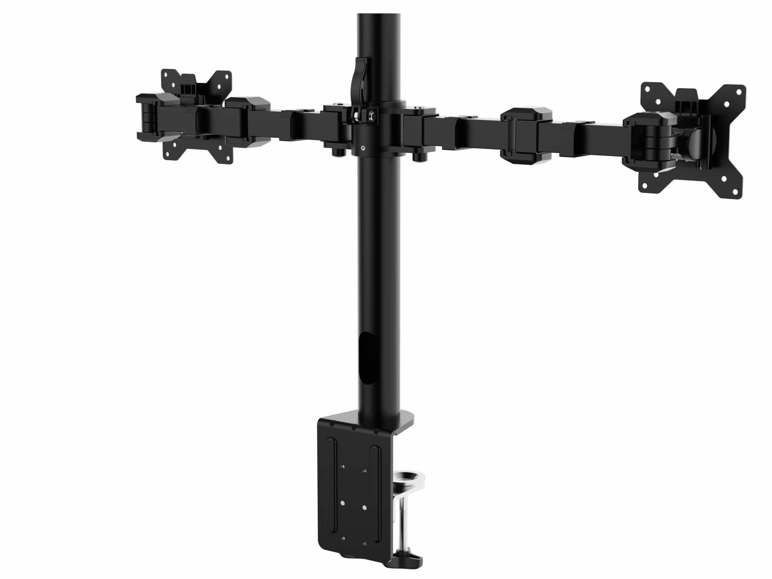 Amazon Basics Soporte para dos pantallas con brazo de montaje con altura ajustable, rotación de 360°, inclinación de pantalla ajustable y organizador de cables (acero), Negro