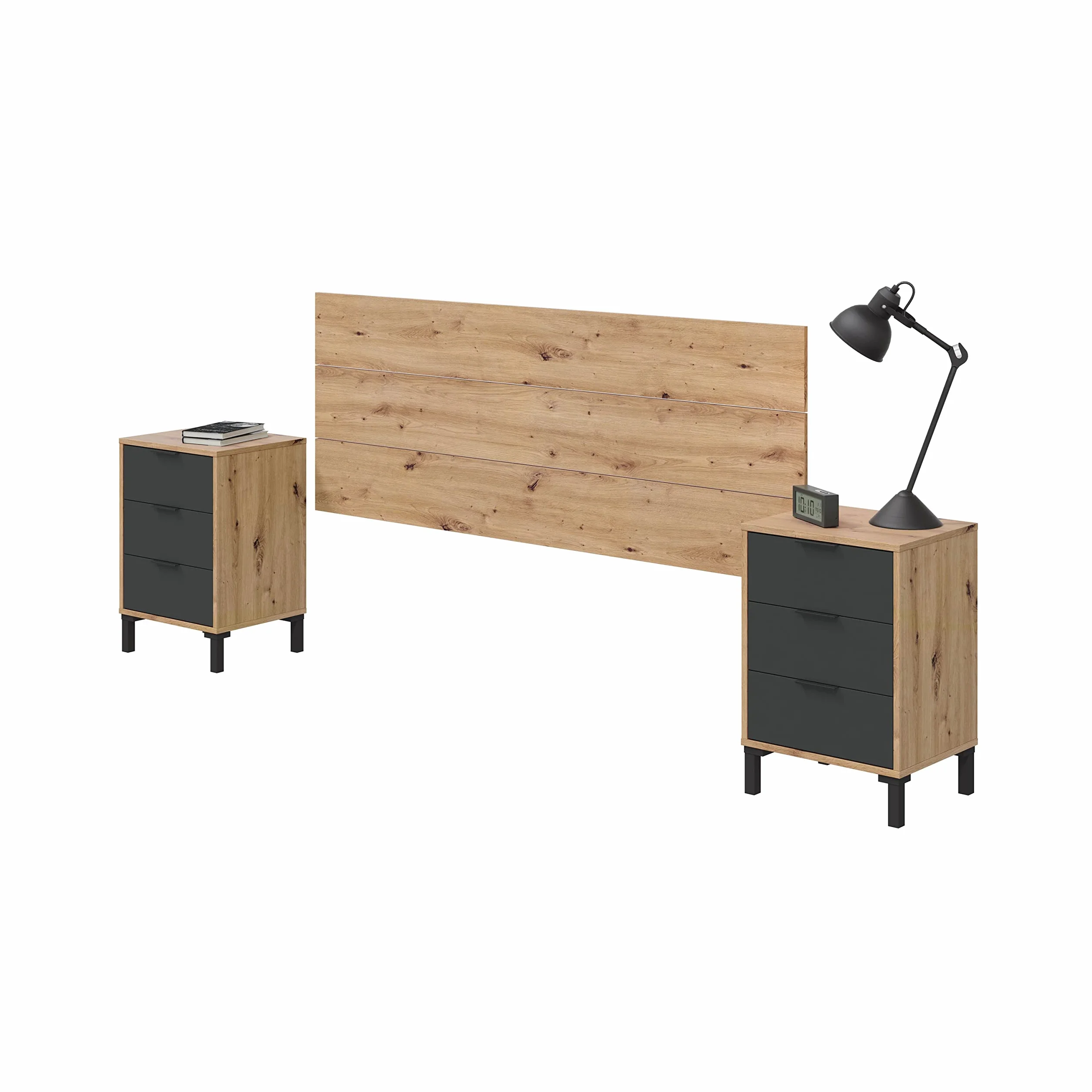 duehome | Cabecero y 2 mesitas de Noche, Cabecero Cama de Matrimonio, Modelo Luke, Acabado en Roble Nodi y Gris Antracita, Medidas: 160cm (Ancho) x 60 cm (Alto) x 2,5 cm (Fondo)