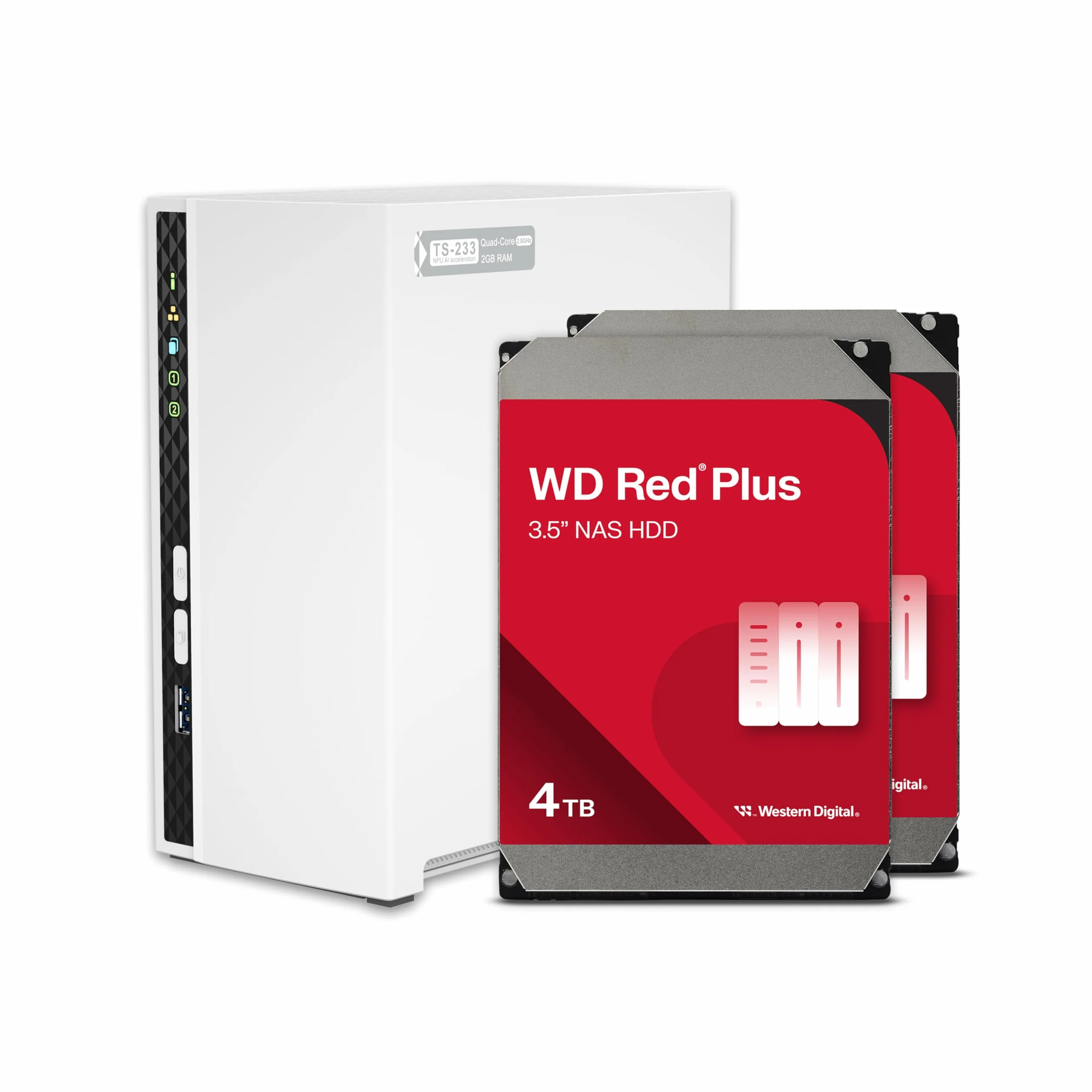 QNAP TS-233-24WD-US NAS doméstico de 2 bahías con Capacidad de Almacenamiento de 4 TB, Paquete Raid 1 WD Red Plus HDD preconfigurado, con Puertos de 1 GbE