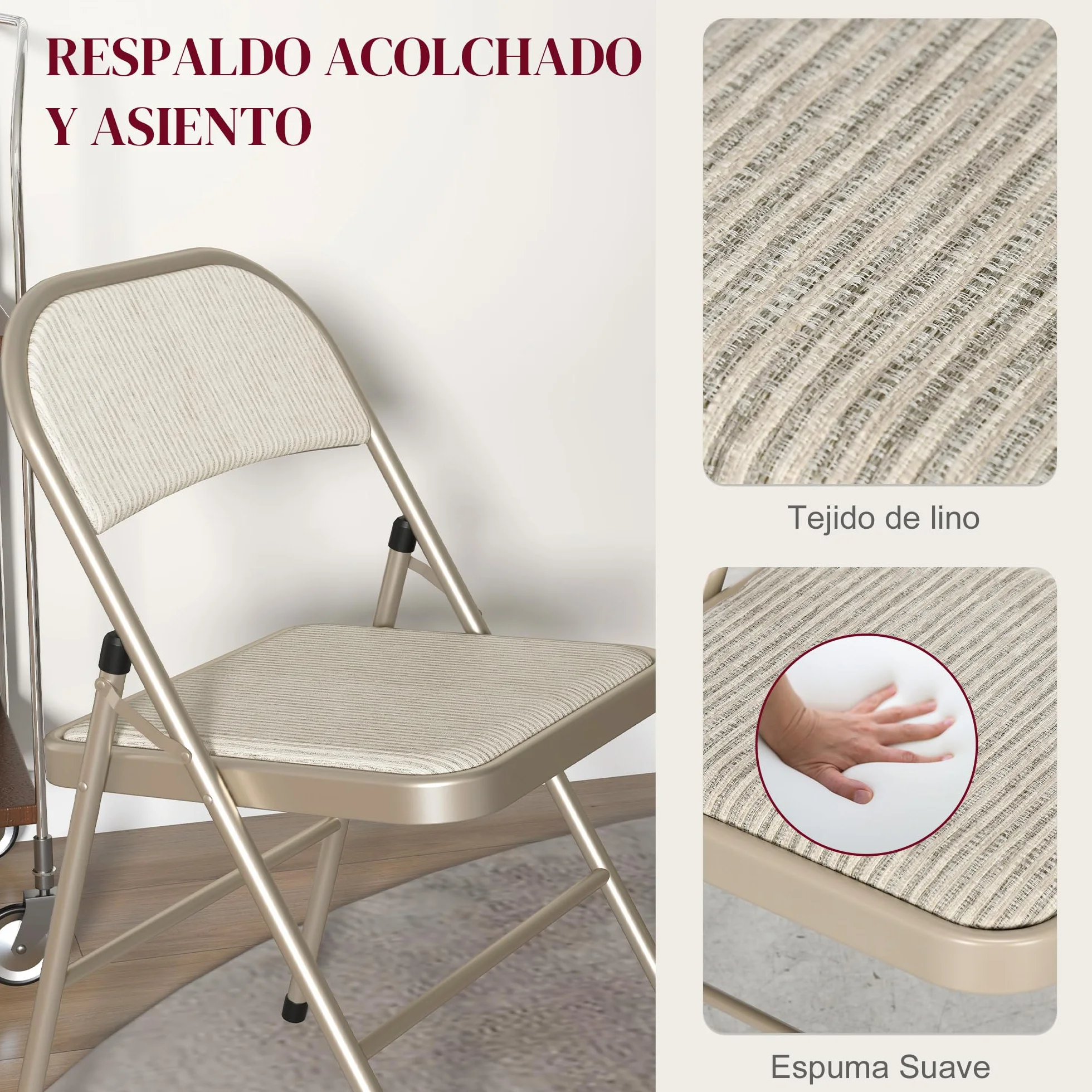 HOMCOM Juego de 4 Sillas Plegables Acolchadas con Respaldo y Estructura de Acero, 45x46x78 cm, Beige