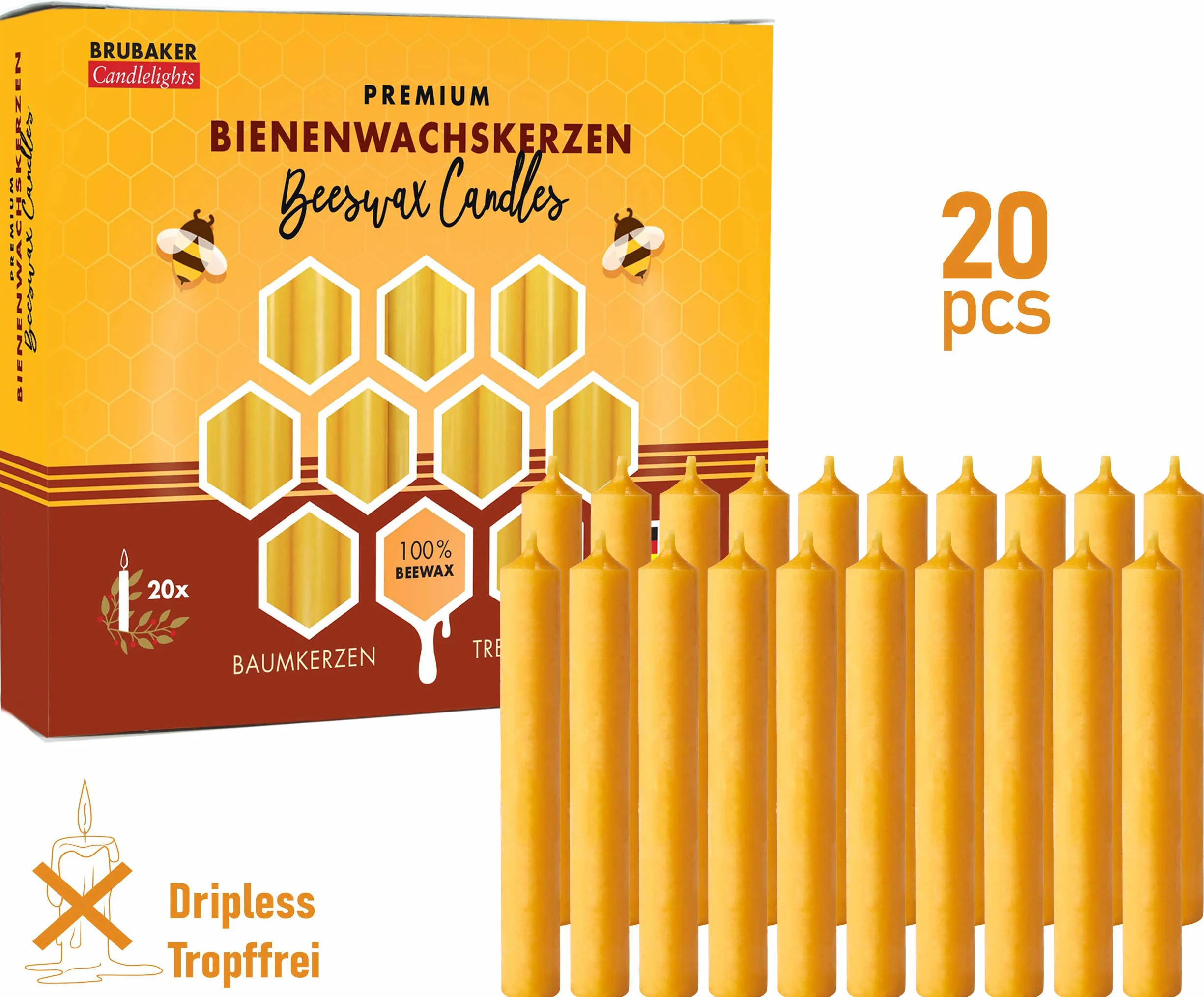 BRUBAKER Velas navideñas de cera de abeja Juego 20 Ø 1,25 cm Amarillo Miel