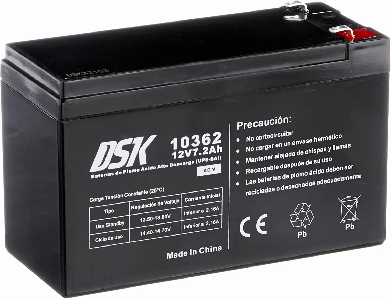 DSK Batería de Plomo AGM Sellada VRLA Alta Descarga 12V 7,2Ah Recargable sin Mantenimiento para UPS SAI, Respaldo de Energía y Seguridad. Alta Durabilidad. Compatible con terminales F1 y F2
