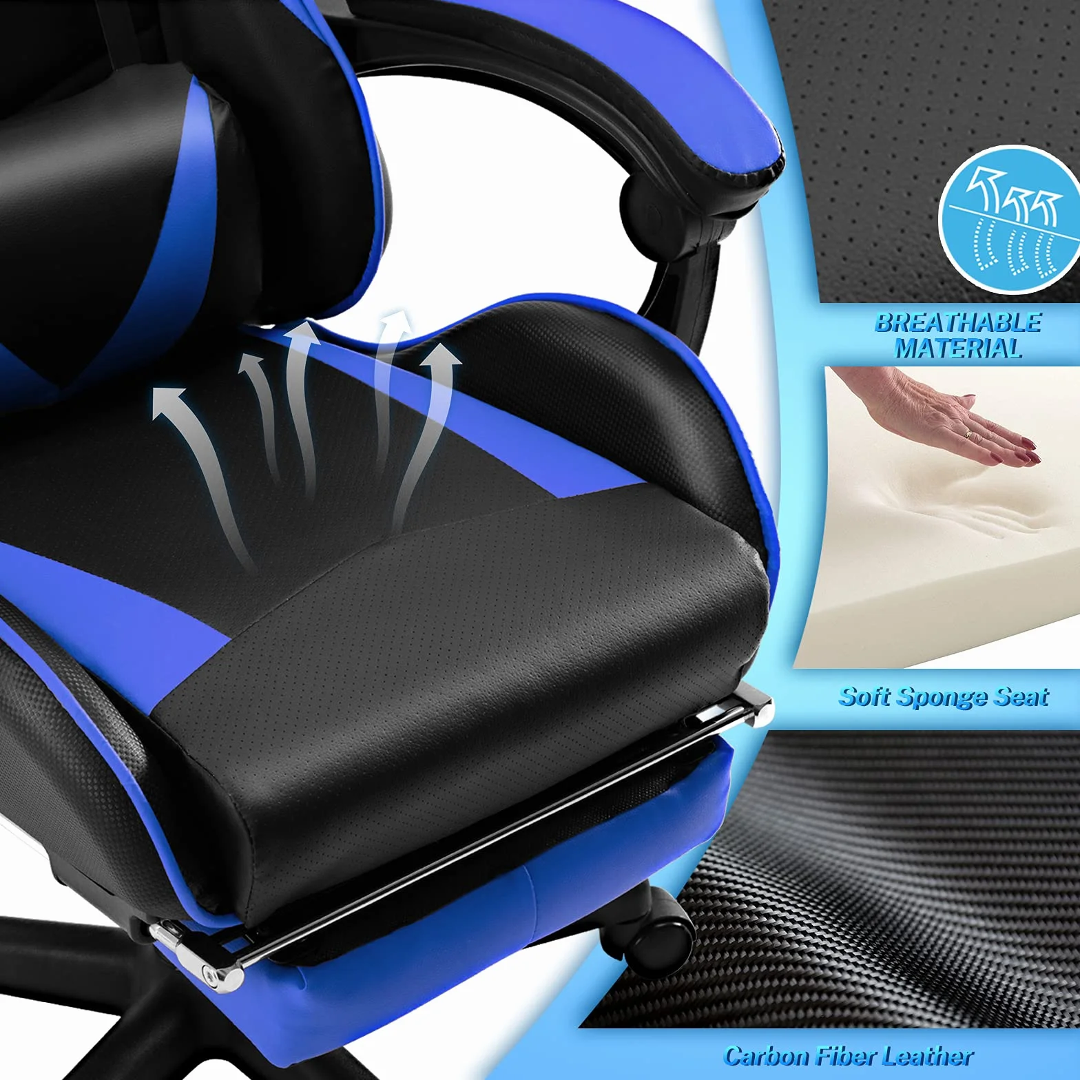 Soontrans Silla Gaming con Masajeador, Reposapiés y Reposacabezas, Cojín Lumbar de Masaje, Sillón Gamer para Livestreaming (Azul)