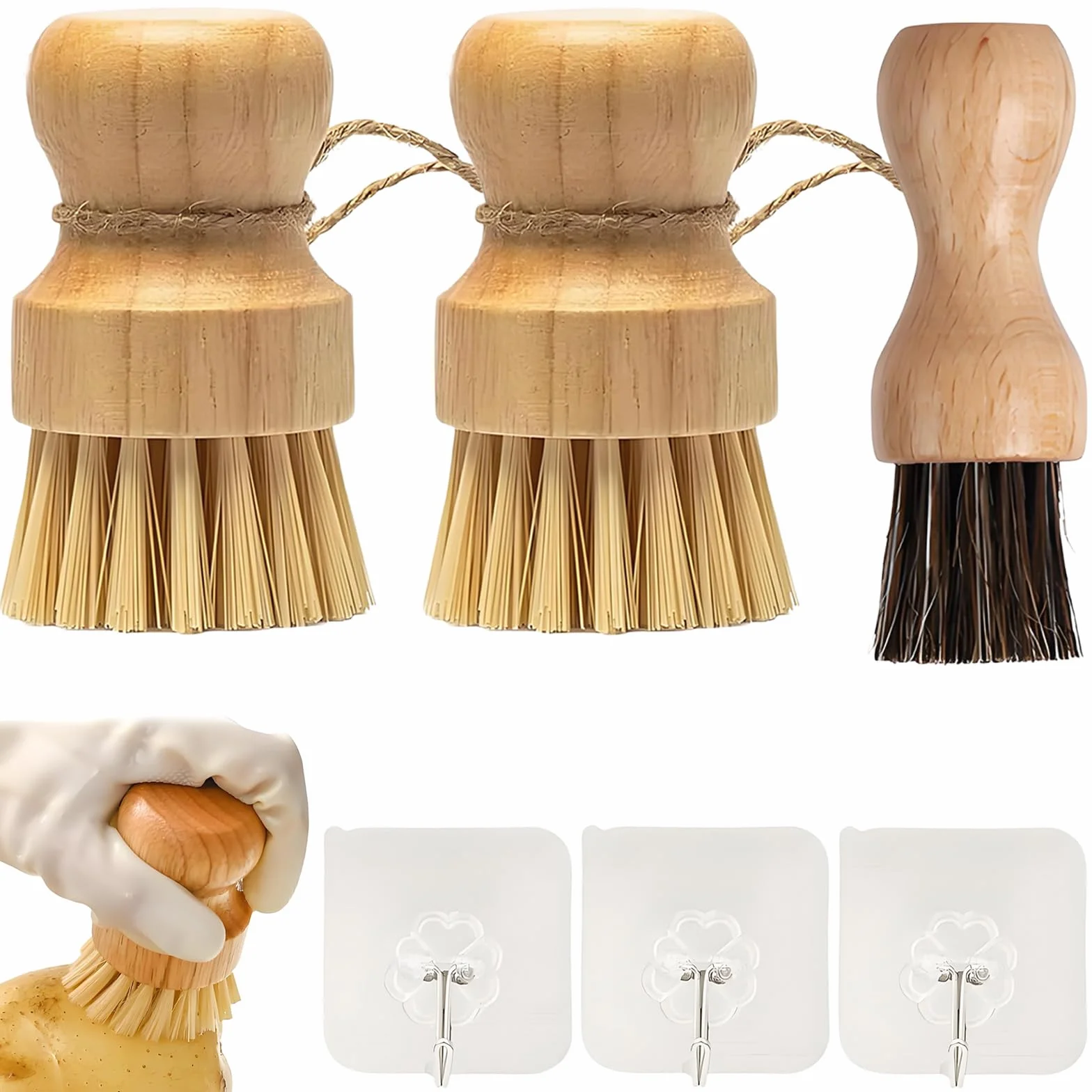 Juego de 6 cepillos de champiñones, con tres ganchos, respetuoso con el medio ambiente, cepillo de champiñones, cepillo de verduras, cepillo de bambú para patatas, limpieza de cocina, baño, limpieza