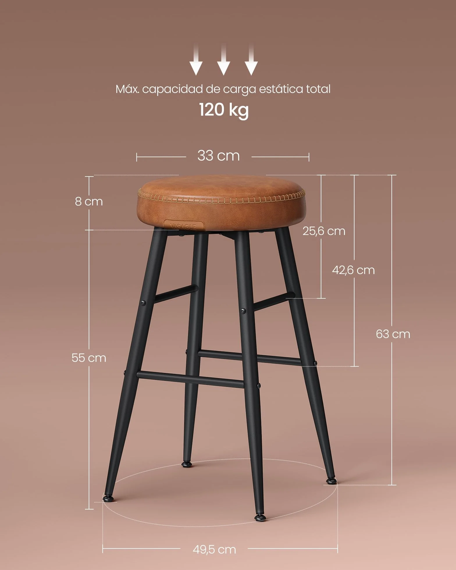 VASAGLE EKHO Colección Juego de 2 Taburetes de Bar, Cuero Sintético, 63 cm Alto, Marrón Caramelo