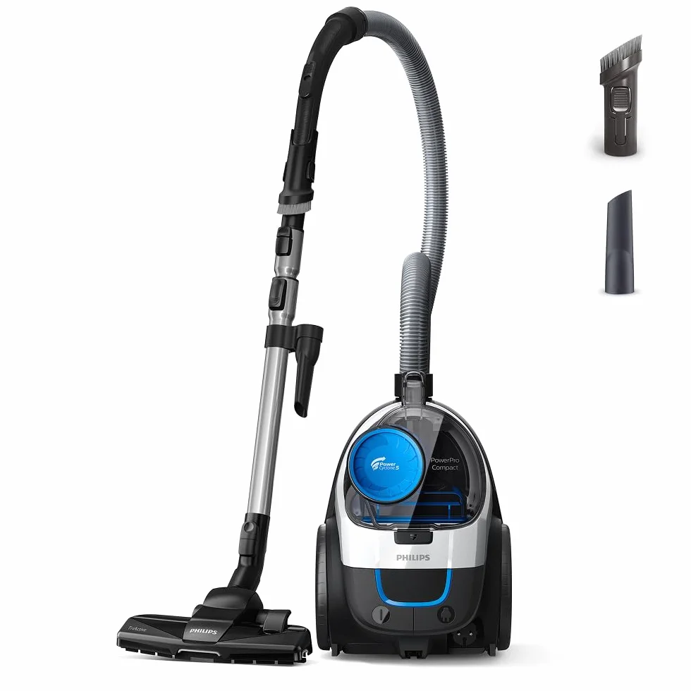 Aspirador sin bolsa Philips PowerPro Compact – Aspiradora ligera, Potencia de 900 W, Boquilla TriActive para suelos duros y alfombras, Filtro HEPA H13 antialérgico, PowerCyclone 5 (FC9332/09)