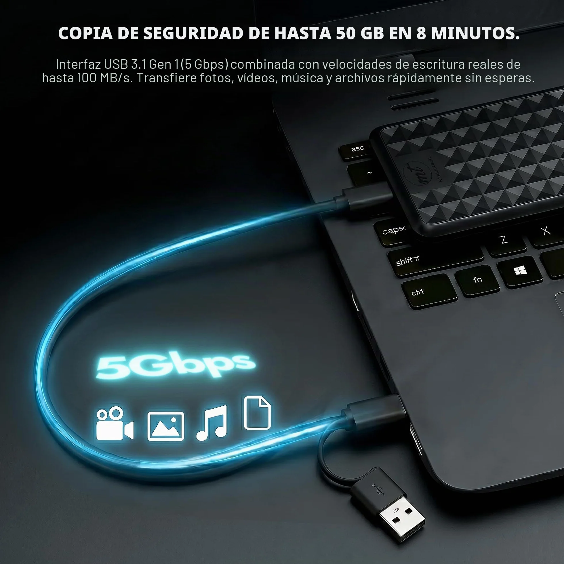 ModusTech Facet 1TB Disco Duro Externo Portátil USB-C/USB 3.1 — HDD Fino de 2,5 Pulgadas para Copias de Seguridad, Gaming, PC, Mac, Portátil, PS4, Xbox, Smart TV (Negro)