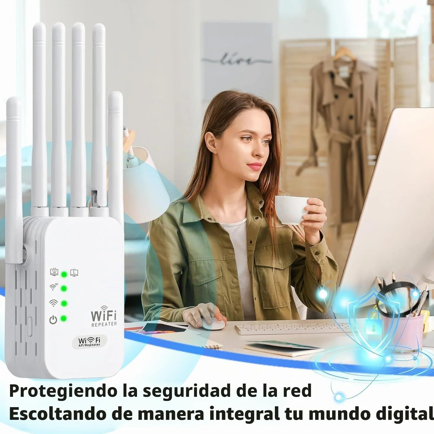 Repetidor WiFi 1200Mbps Amplificador de Señal Doble Banda 2.4GHz y 5GHz, Extensor WiFi Fácil Instalación con 2 Puertos LAN y 6 Antenas Externas, Ampliación de Cobertura para Hogar y Oficina