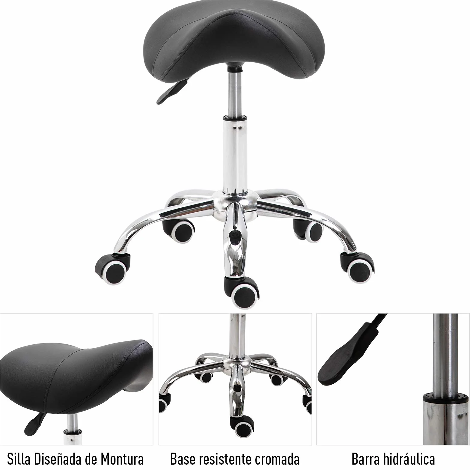 HOMCOM Taburete Giratorio con Ruedas Altura Ajustable Carga 120 kg 52x53x49-61 cm Blanco y Negro