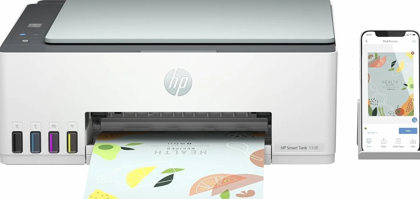 HP Impresora Multifunción Tinta Smart Tank 5108 Wi-Fi, con depósito Recargable, Incluye Tinta para Imprimir hasta 3 años