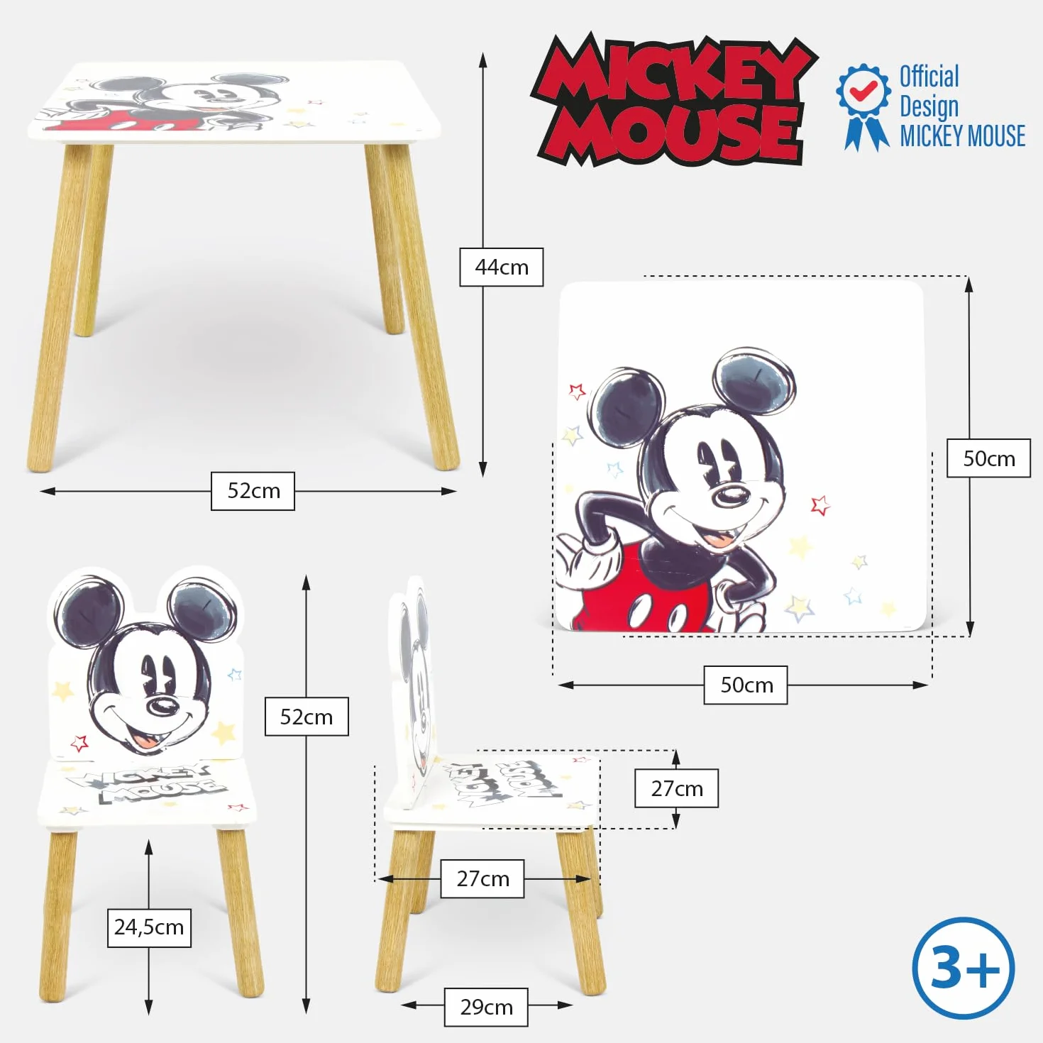 ARDITEX Set de Mesa y 2 Sillas Infantiles de Madera Mickey Mouse 50x50x44 cm