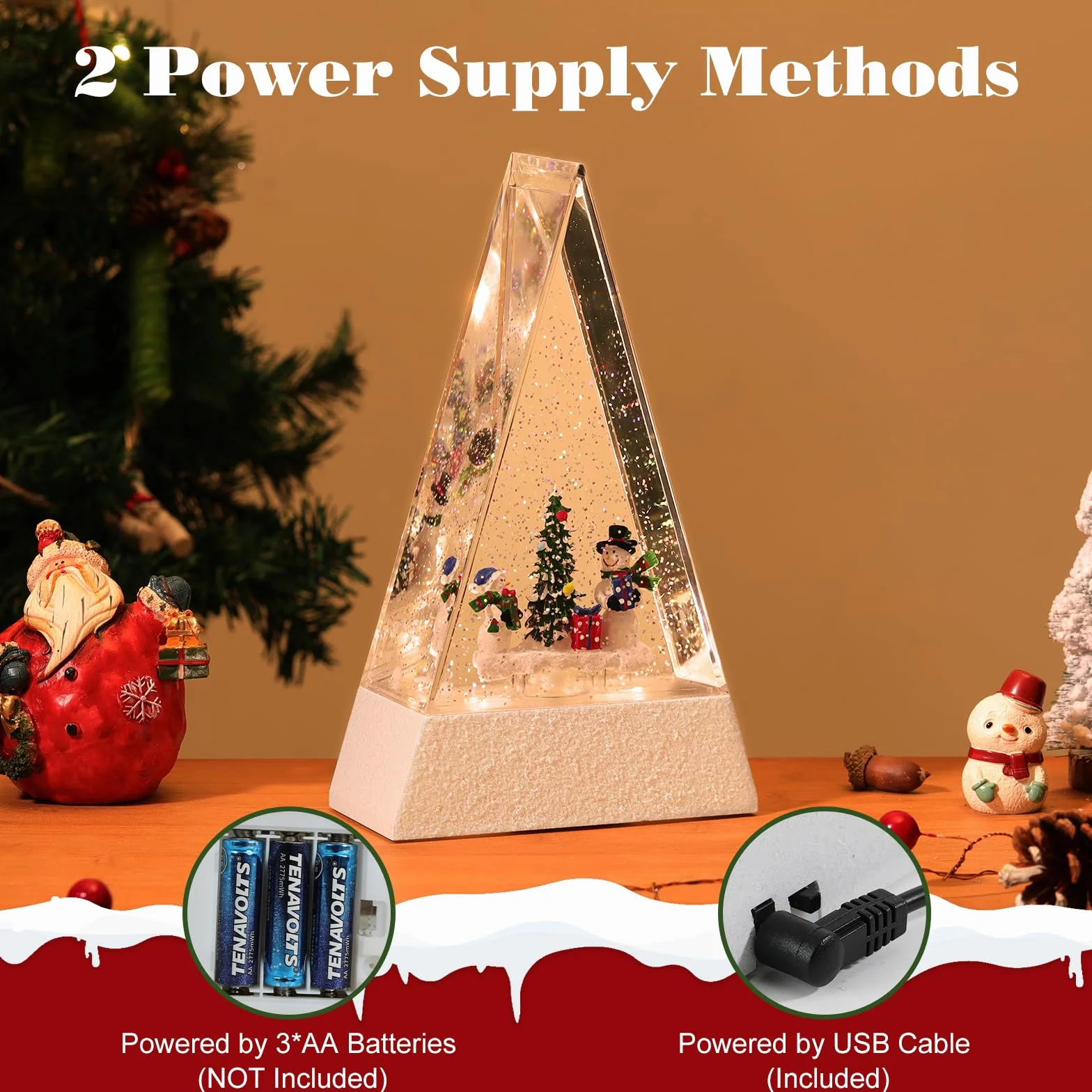 Globo de Nieve Navideño Triangular con Luz LED, Muñeco de Nieve con 8 Canciones y Temporizador 6H USB/Batería