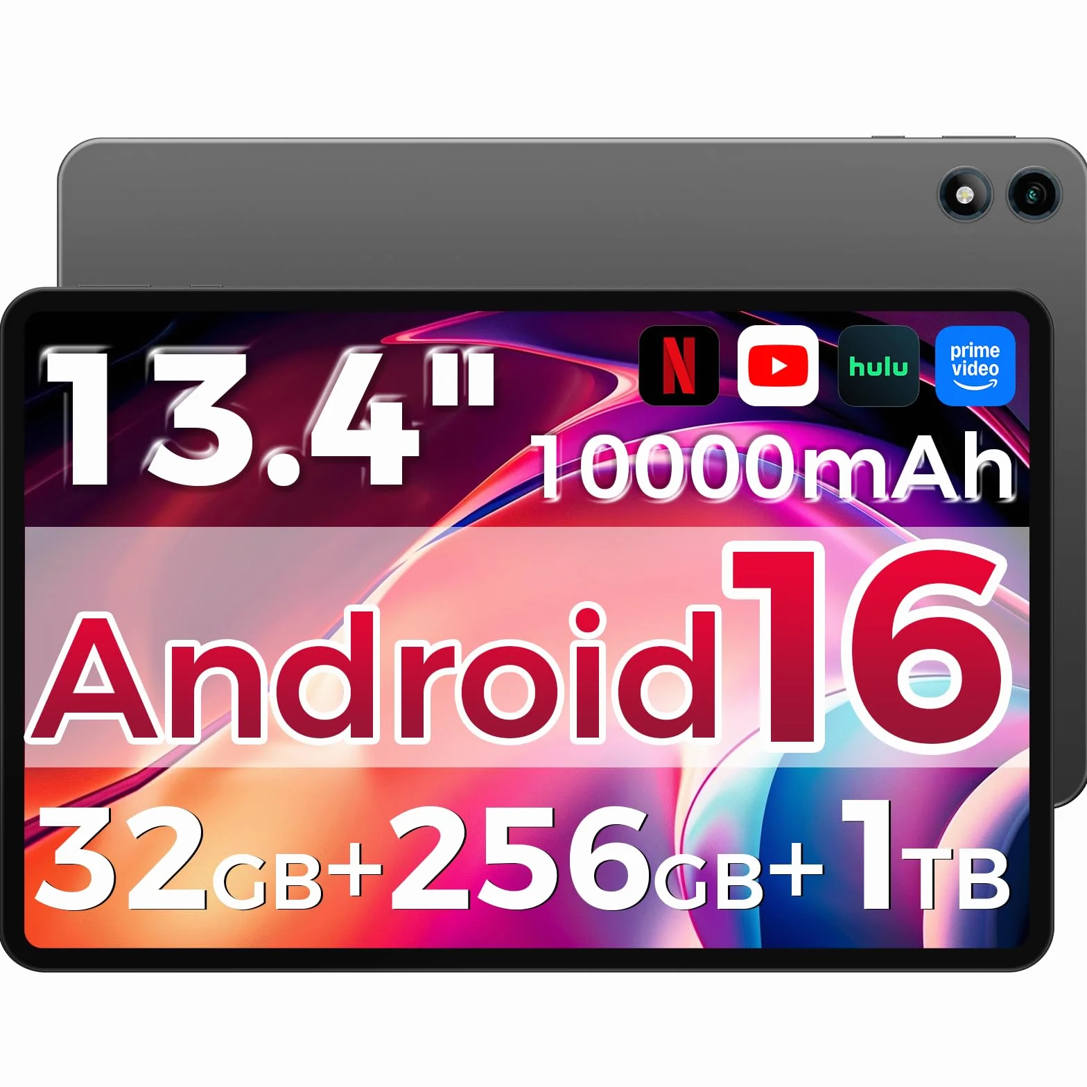 Android 16 Tableta,13.4 Pulgadas Tableta Grande Tablet con Octa-Core Processor, 32GB RAM + 256GB ROM, 10000mAh Batería,1920x1200 IPS, 2.4/5Ghz Dual WiFi/5+8MP/GPS/Gemini AI/Widevine L1