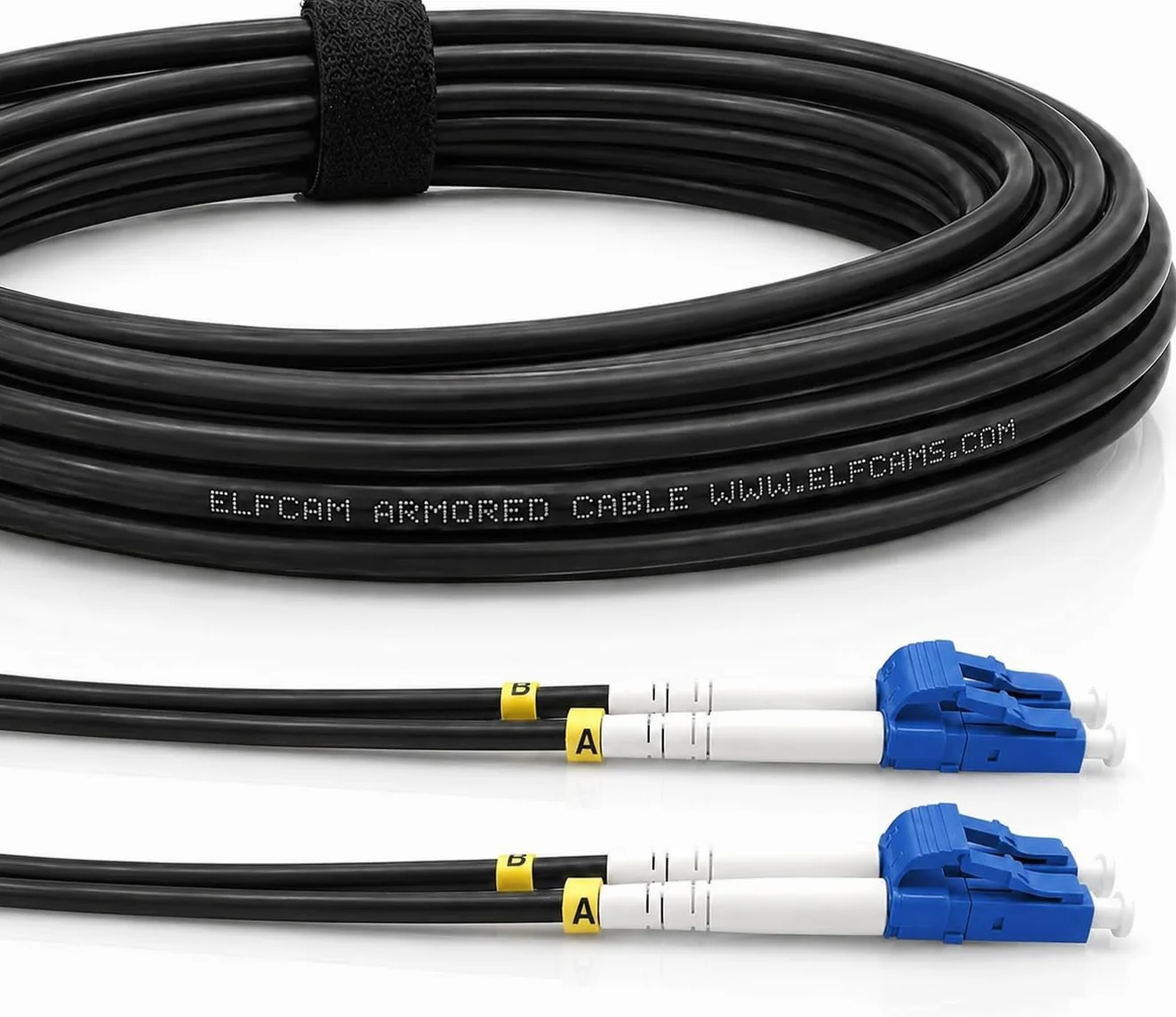 Elfcam® - Cables de Fibra Óptica Blindados LC/UPC a LC/UPC OS2 Monomodale Duplex 9/125um LSZH, para Instalaciones en Exteriores e Interiores, Negro, 150M