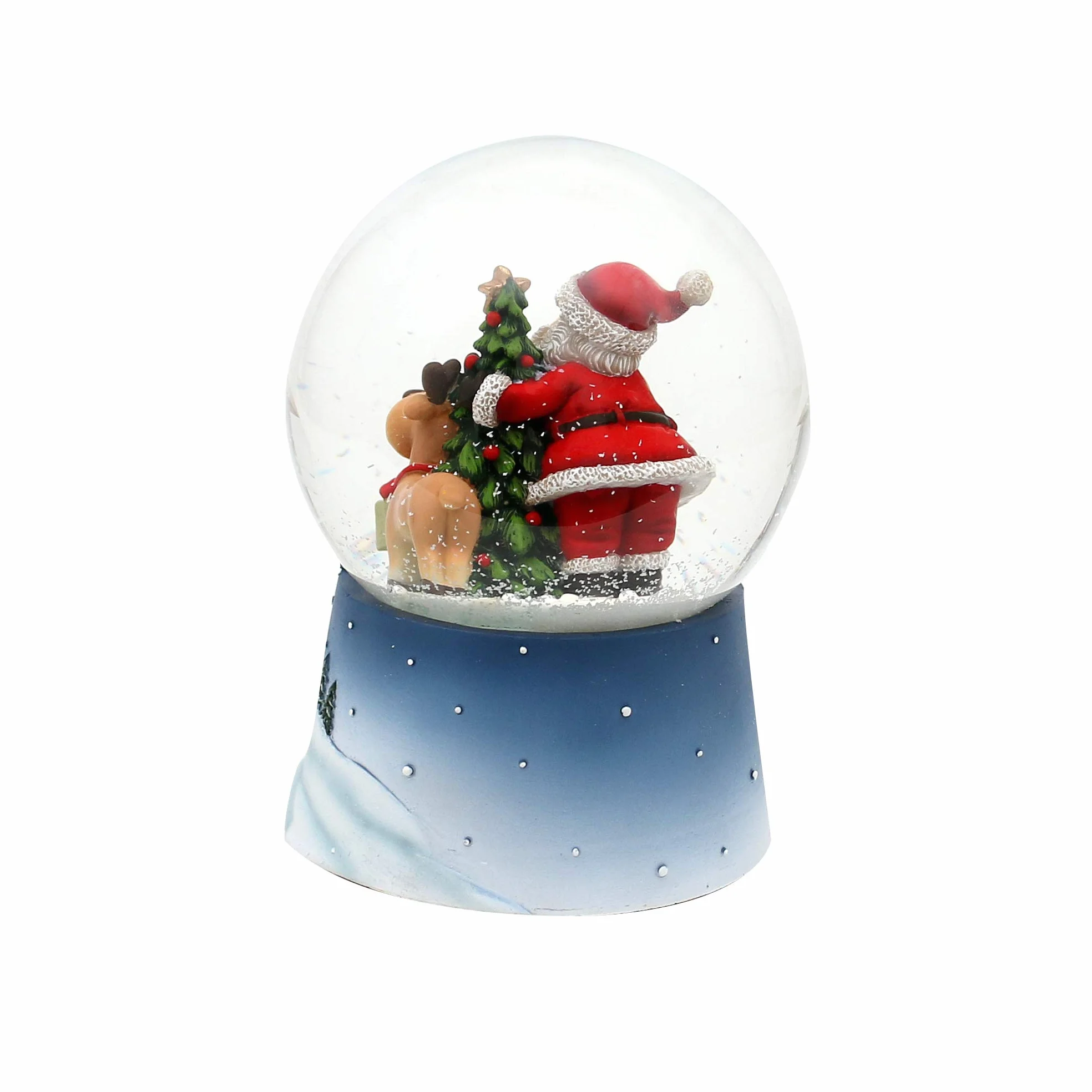Dekohelden24 Bola de Nieve Santa Reno Pingüino Base Azul Paisaje Navideño Mecanismo Musical White Christmas