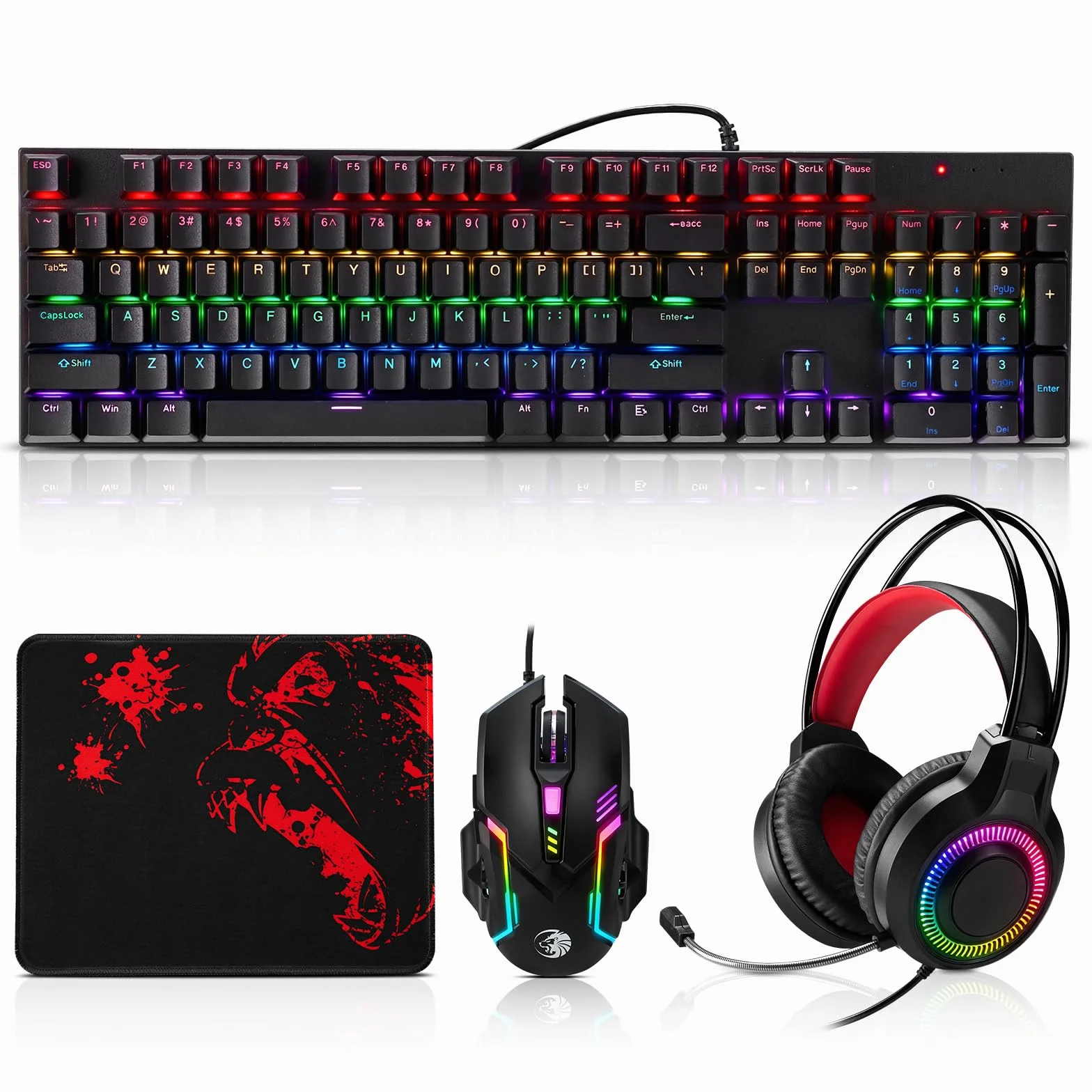 Teclado mecánico para juegos, mouse y alfombrilla de mouse y auriculares para juegos, paquete de retroiluminación LED RGB con cable para jugadores de PC y usuarios de Xbox y PS4, edición 4 en 1