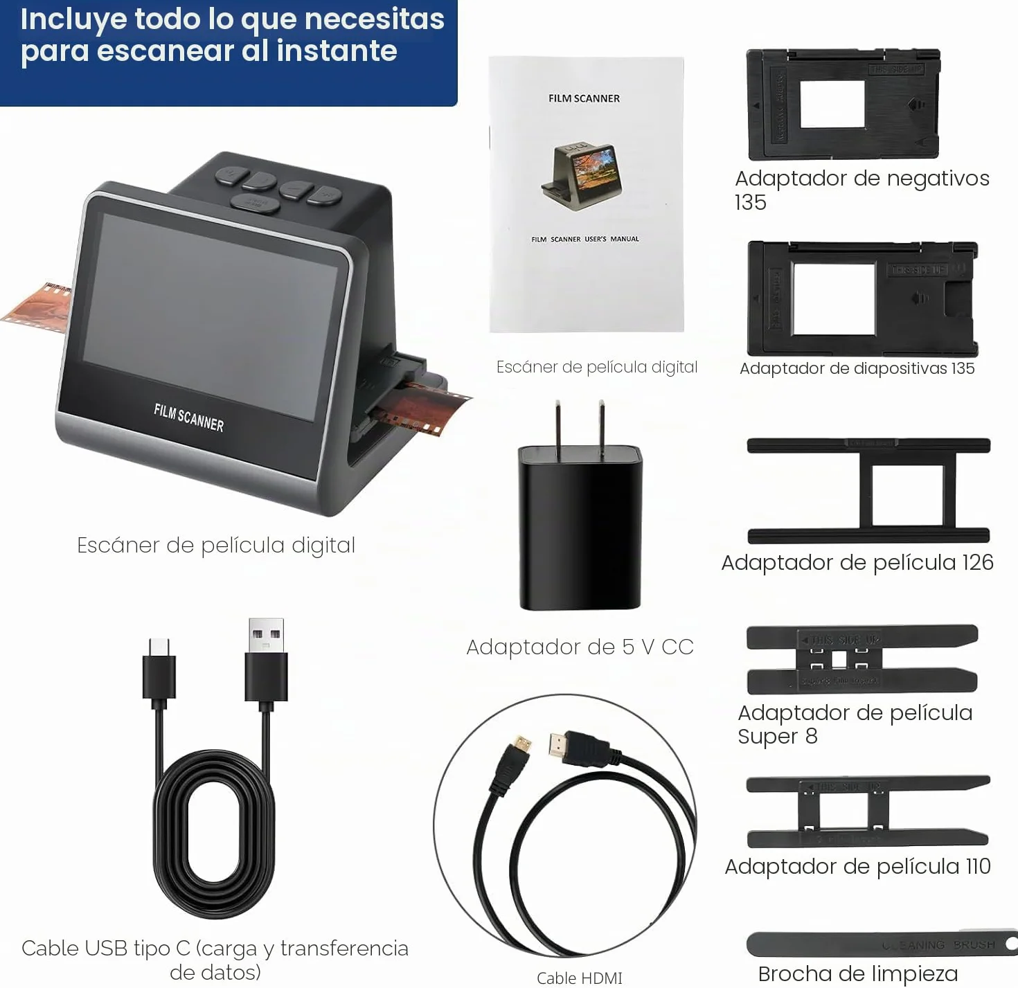 22MP Escáner Digital de Película y Diapositivas con Gran Pantalla LCD de 5 Pulgadas- Escaner Negativos Convierta Negativos y Diapositivas de 35 mm, 126 y 110 en Fotos Digitales JPEG de Alta Resolución