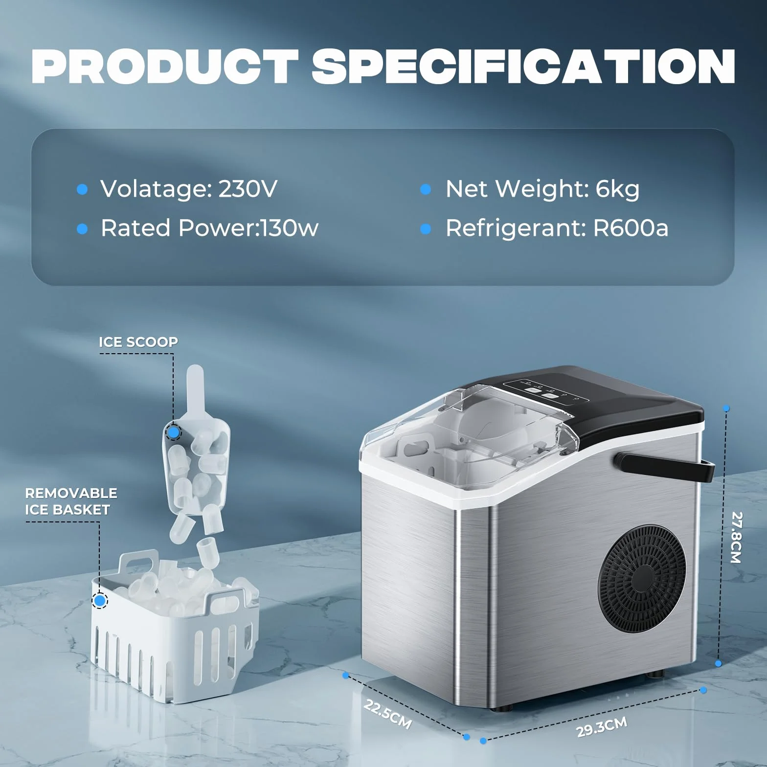 Máquina de Hielo Portátil 15kg/24h, 9 Cubitos en 6 Min, 2 Tamaños, Autolimpieza, Incluye Pala y Cesta, Negro/Acero