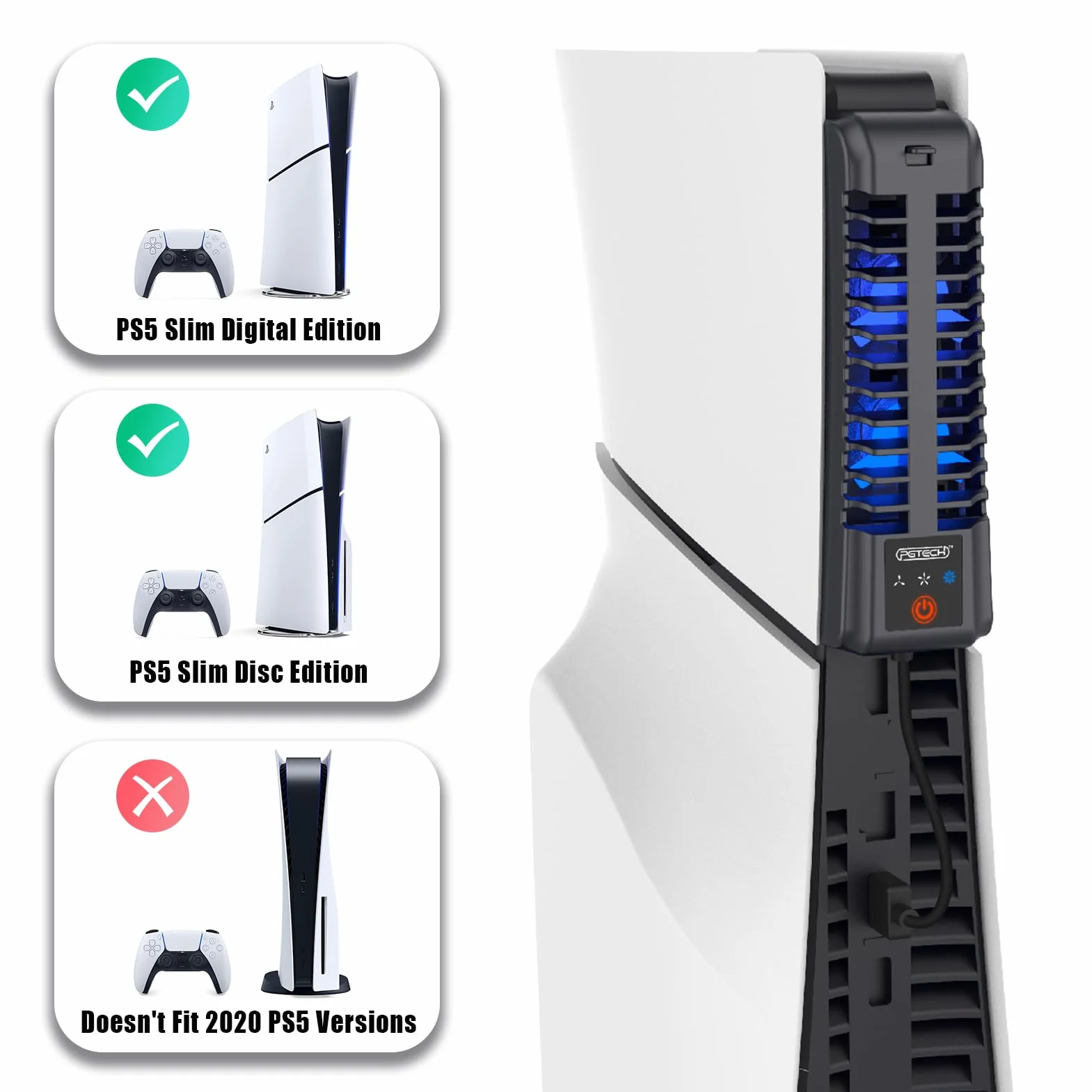 Ventilador PS5 Slim, Ventilador Silencioso Ajustable, Refrigeración PS5 Slim con Luz RGB y Puerto USB, Ventilador Eficiente para PS5 Slim Disc y Edición Digital