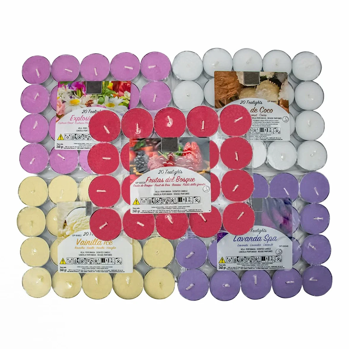 Besch Combinación de 100 Velas de té aromáticas 20 Explosión floral,20 Lavanda, 20 Coco, 20 Frutos Rojos, 20 Vainilla.(Cominación de 5 Aromas, 100 Velas)
