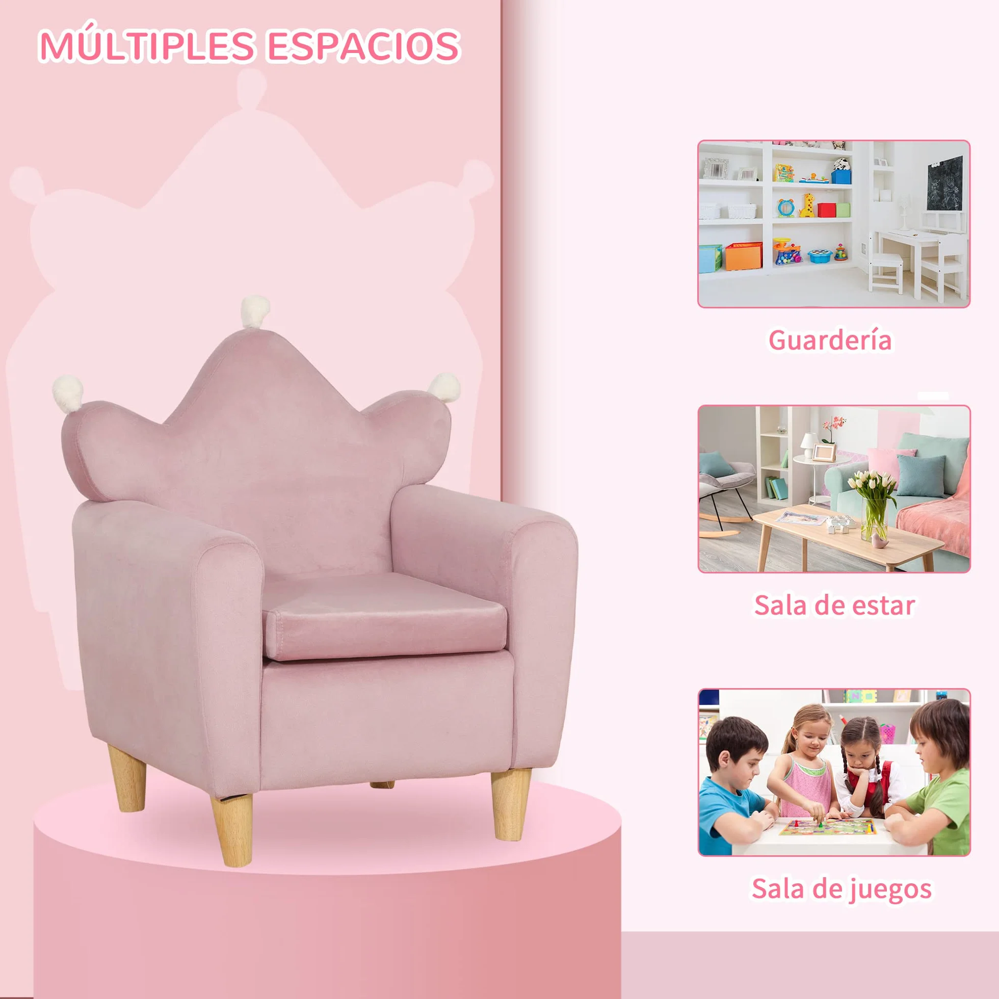 HOMCOM Sillón Infantil Mini Sofá para Niños +3 Años 45 kg 50x42x58 cm Rosa