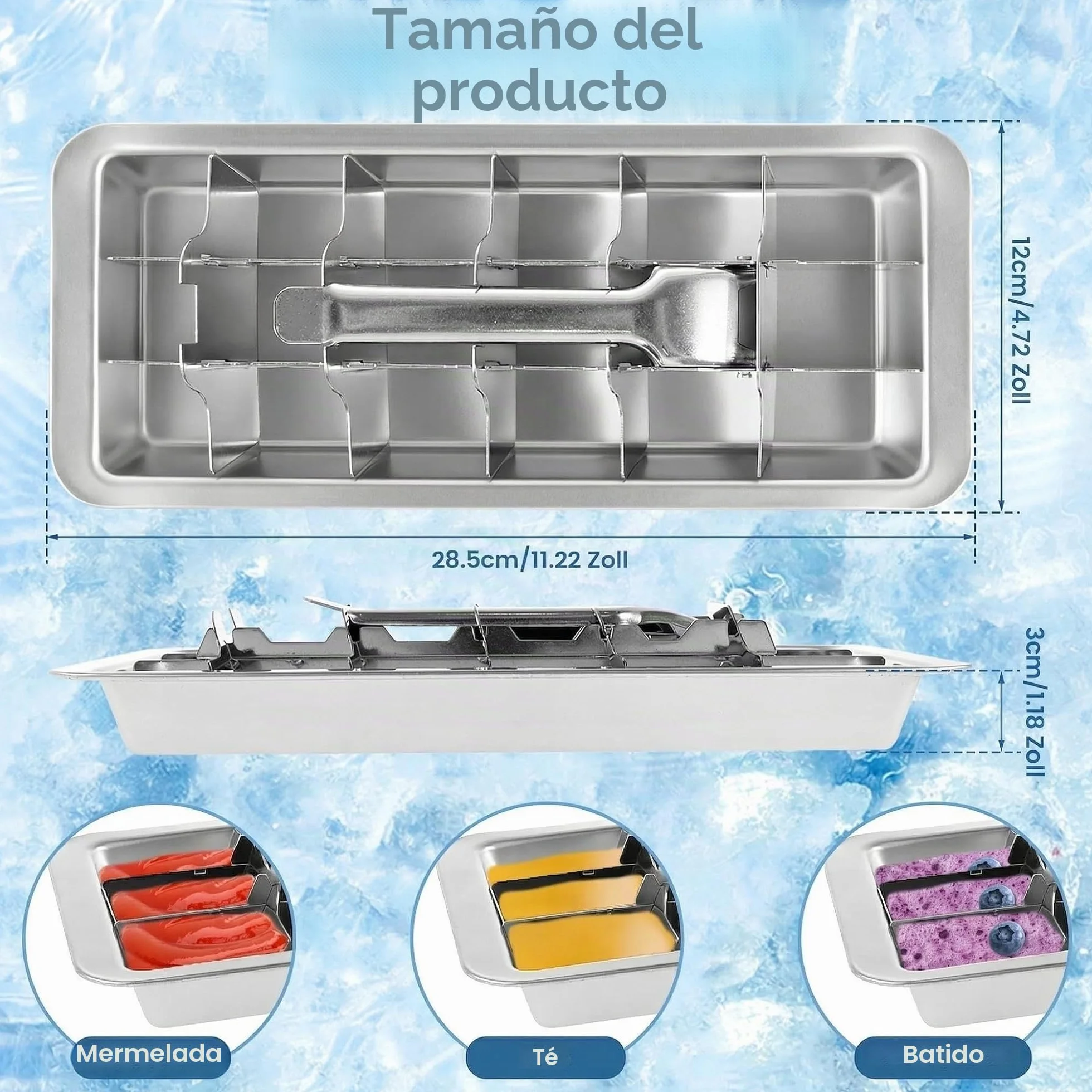 Cubitera de acero inoxidable con 18 ranuras, bandeja para hielo con asa, extracción fácil