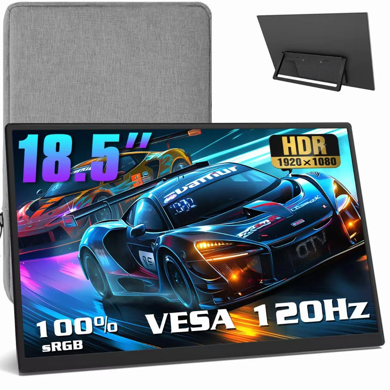Monitor portátil portátil de 18,5 pulgadas, 120 Hz, 1080 p, 100% sRGB FHD HDR USB HDMI con VESA Ultra Slim Portable Monitor para ordenador portátil, conmutador, consolas de juegos