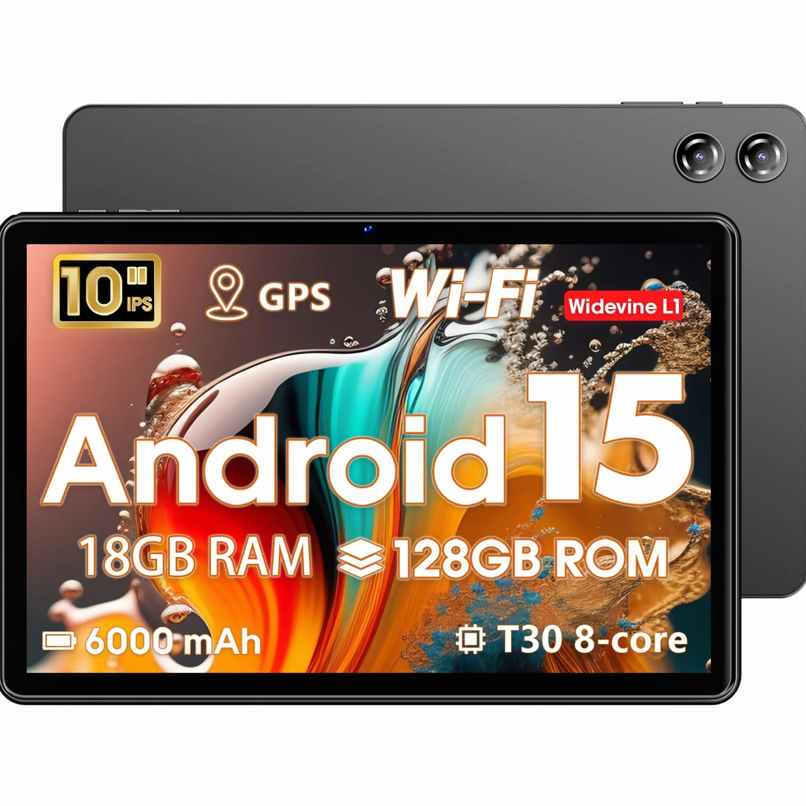 Tablet 10 Pulgadas Android 15, 18 GB RAM + 128 GB ROM, Google GMS, Expandible a 1 TB, Compatible con Widevine L1, Procesador Octa-Core con 2.4G+5G WiFi 5, BT 5.2, Batería de 6000 mAh, GPS, Cámara Dual
