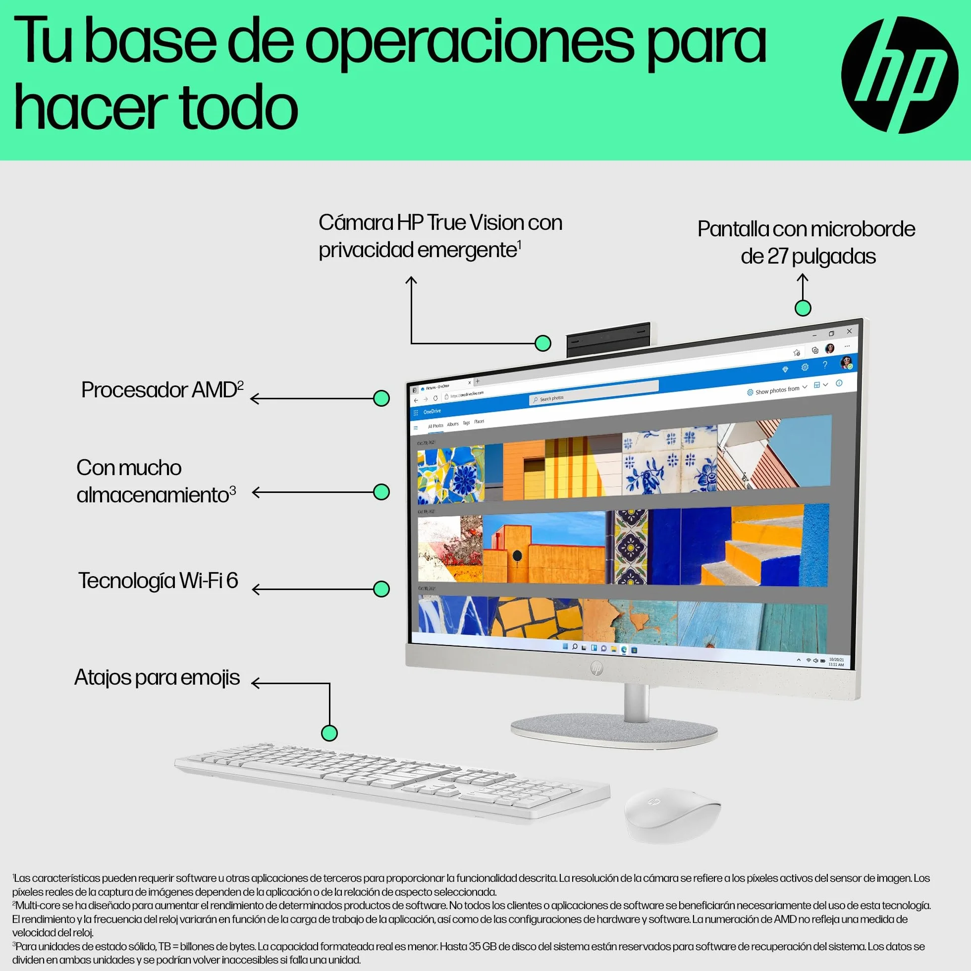HP All-in-One 27-cr0007ss - Ordenador de sobremesa 27" Full HD con cámara, Teclado y ratón inalámbricos (AMD Ryzen 5 7520U, 16GB RAM, 512GB SSD, Windows 11 Home) Blanco