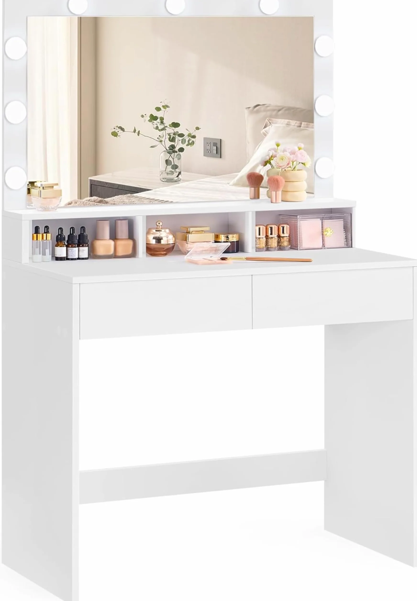VASAGLE KAILYN Tocador Mesa de Maquillaje con Espejo Luces LED Brillo Ajustable 2 Cajones 3 Compartimentos Blanco Nube
