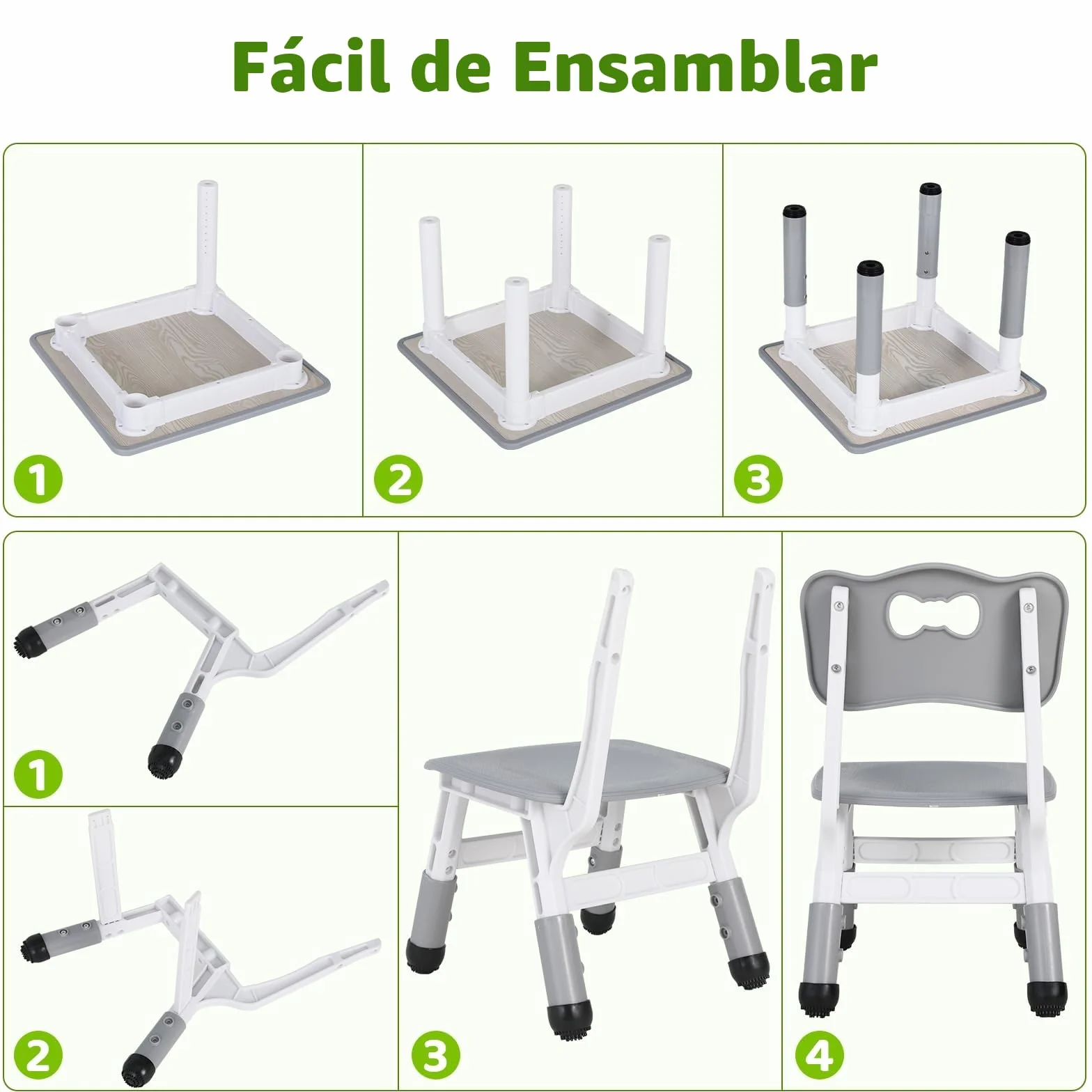 MAMIZO Mesa Infantil con 2 Sillas Ajustable, Muebles de Plástico para Niños, Gris Cuadrada