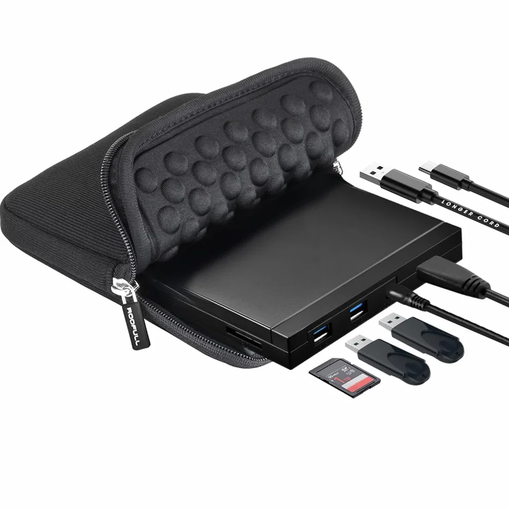 ROOFULL Unidad externa de CD y DVD USB 3.0 y USB-C con lector de tarjetas SD y puertos USB Hub y funda de transporte, reproductor de CD/DVD +/-RW, grabadora de disco portátil para laptop, Mac | Grabador portátil 5 en 1 USB tipo C de CD/DVD ROM +/-RW para