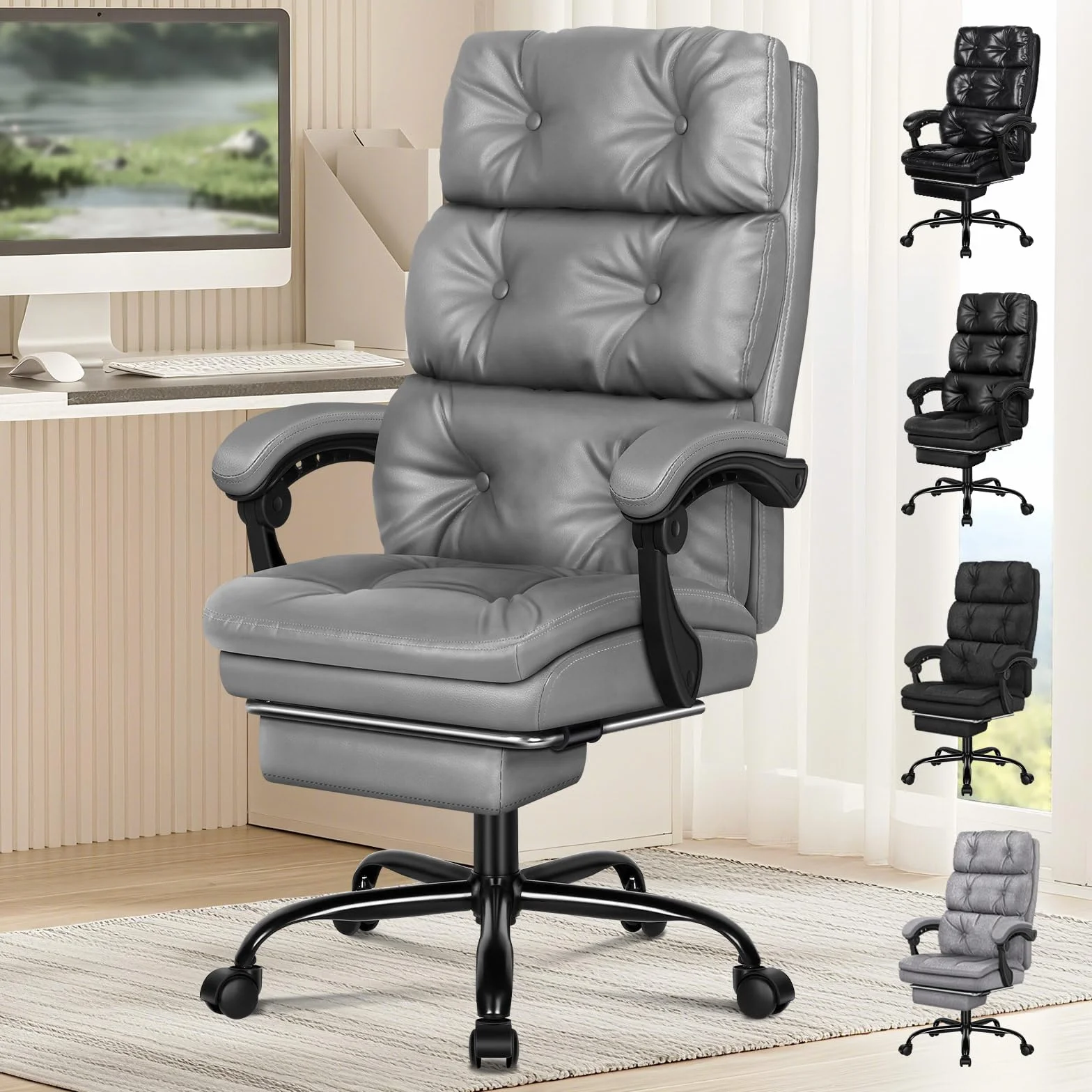 ALFORDSON Silla Oficina Ejecutiva Ergonómica Reclinable con Reposapiés, Cuero PU Gris