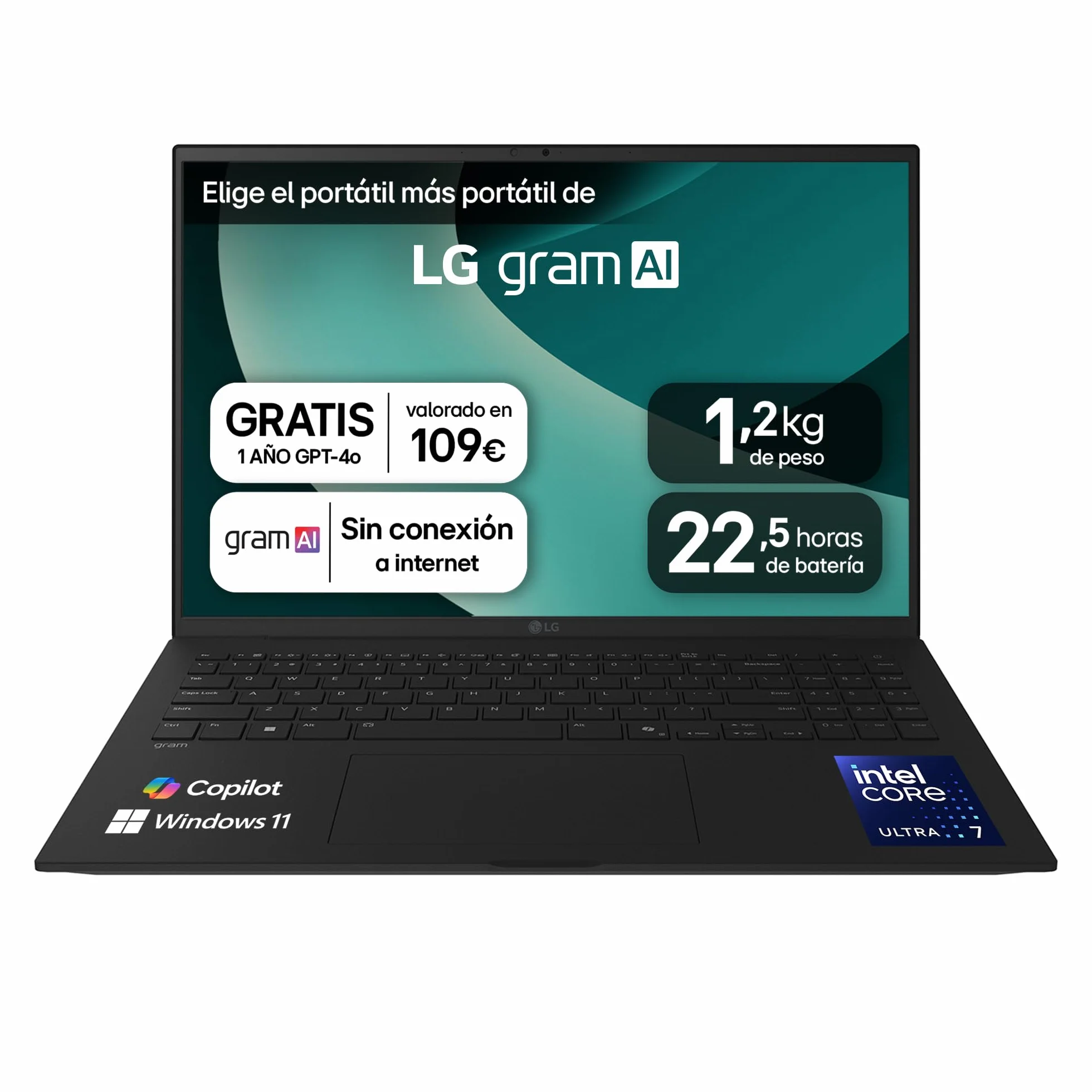 LG gram 16Z90T-G.AD88B Portátil 16 Pulgadas, WQXGA IPS, Intel Core Ultra7, 3GB RAM, 1TB SSD, 1.199 g, Antirreflejo, Batería hasta 22.5h, Windows 11, Negro