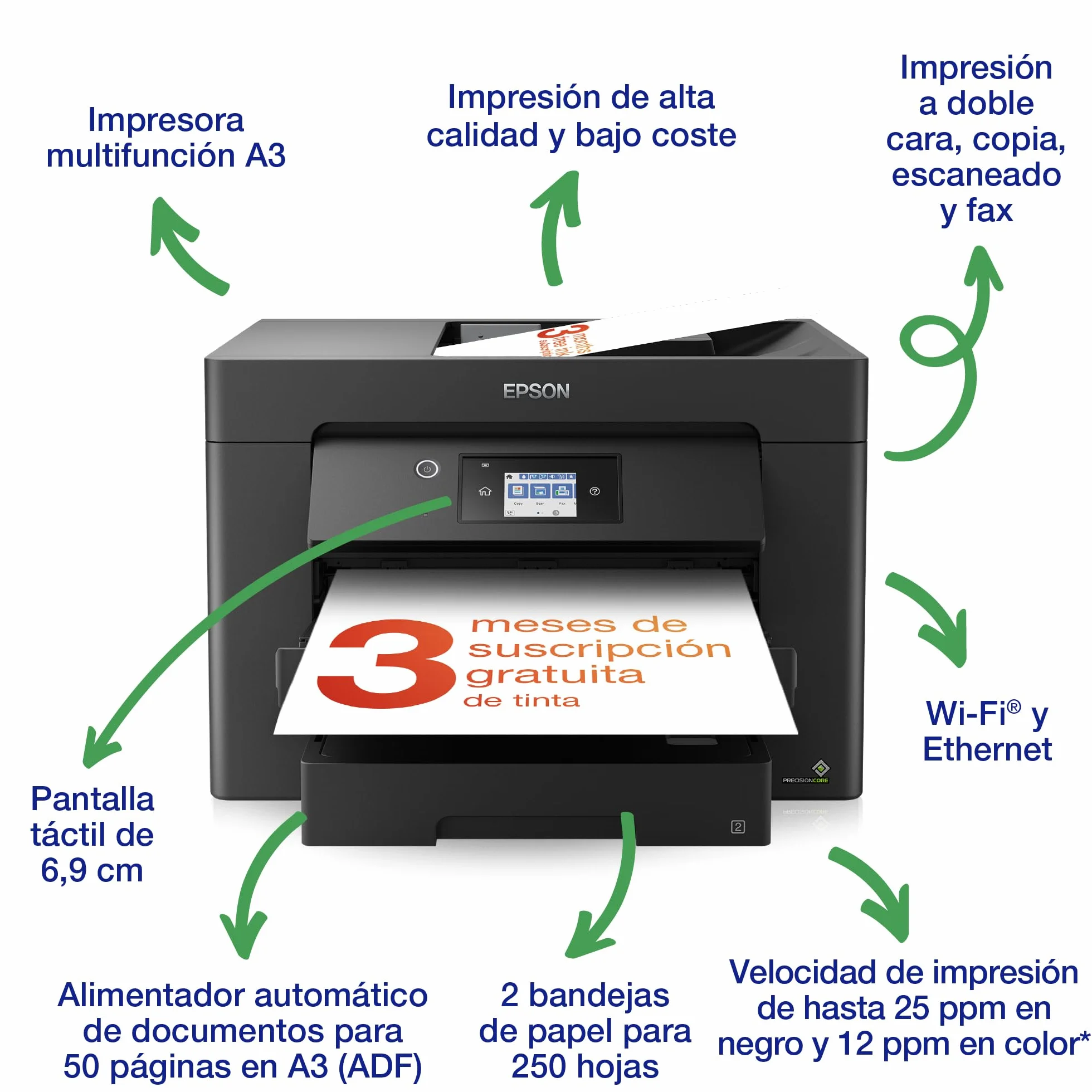 Epson Impresora de inyección de Tinta multifunción Workforce WF-7830DTWF A3 con conectividad inalámbrica y 3 Meses Gratis de suscripción de Tinta ReadyPrint*