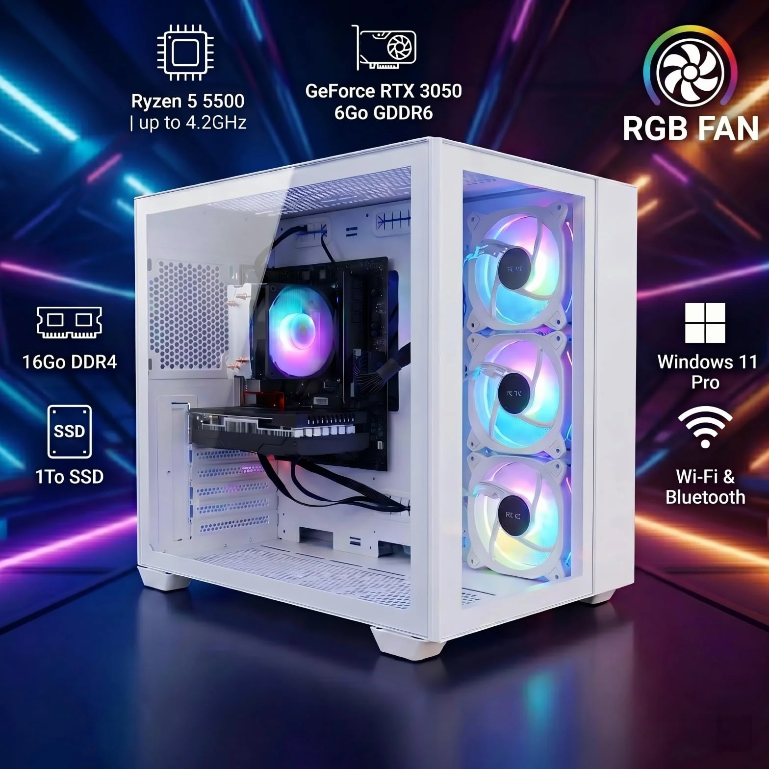STGsivir PC Gaming, Ordenador de Sobremesa Gaming, GeForce RTX 3050 6GB GDDR6, Ryzen 5 5500 hasta 4.2 GHz,16GB DDR4,1TB SSD,WiFi 6,BT 5.0,Ventilateur RGB x3,Windows 11 Pro