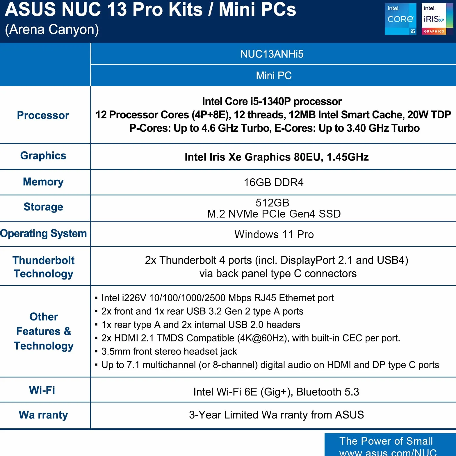 Intel NUC 13 Pro for ASUS NUC 13 Pro NUC13ANHi5 Arena Canyon Mini PC, i5-1340P, 16GB RAM, 512GB SSD, Mini Computer Win 11 Pro für Business Home Office, Unterstützung 8K/4K Quad Display/WiFi 6E/BT 5.3