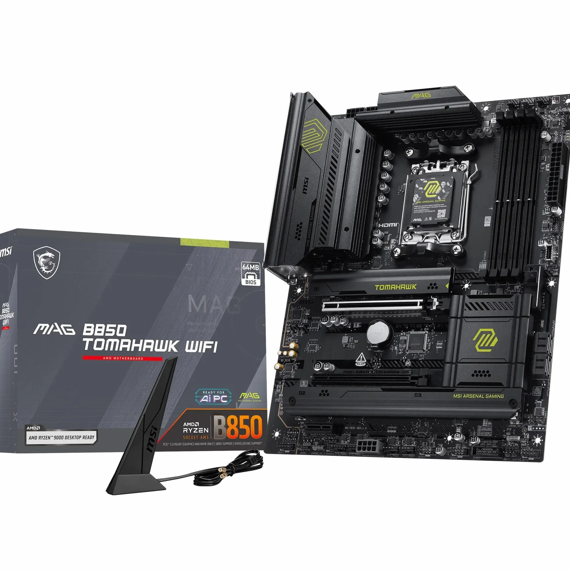 Placa Base MSI mag B850 Tomahawk WiFi, ATX - Compatible con procesadores AMD Ryzen 9000/8000/7000, AM5-80A SPS VRM, DDR5 Memory Boost 8200+ MT/s (OC), PCIe 5.0 x16, M.2 Gen5, Wi-Fi 7, 5G LAN