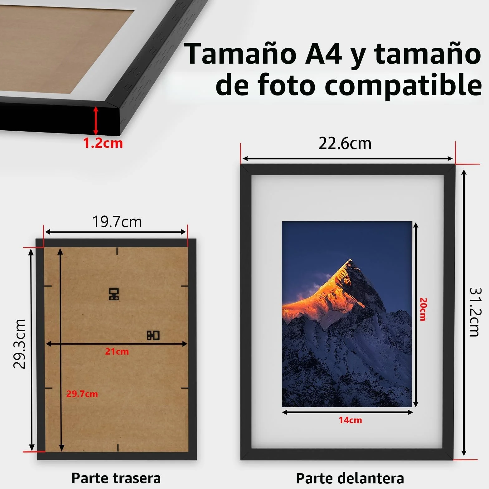Marco de fotos A4 negro MDF 21x29,7 cm con vidrio acrílico