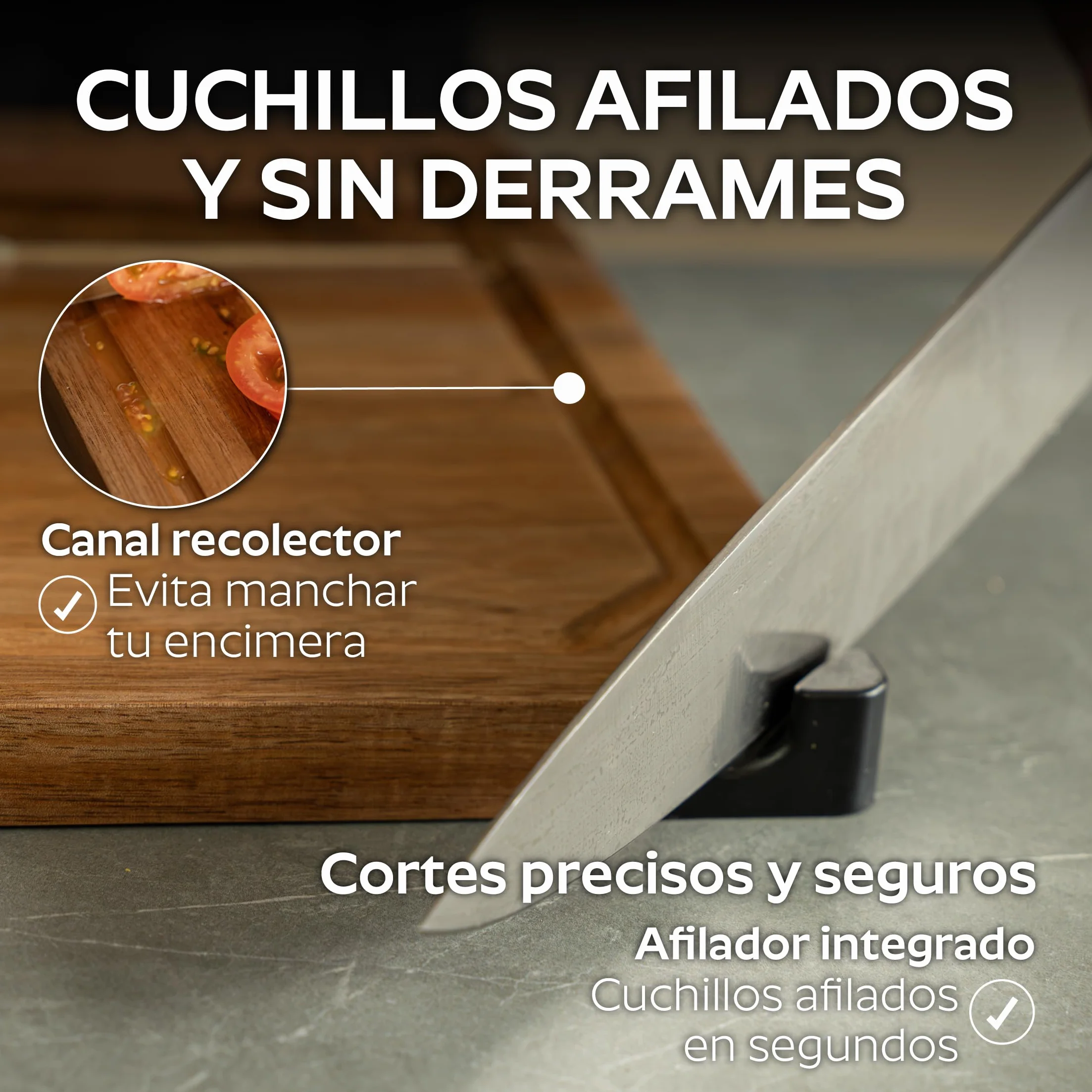 Tabla de Cortar Madera de Acacia con Afilador Integrado 35x25 cm Antideslizante