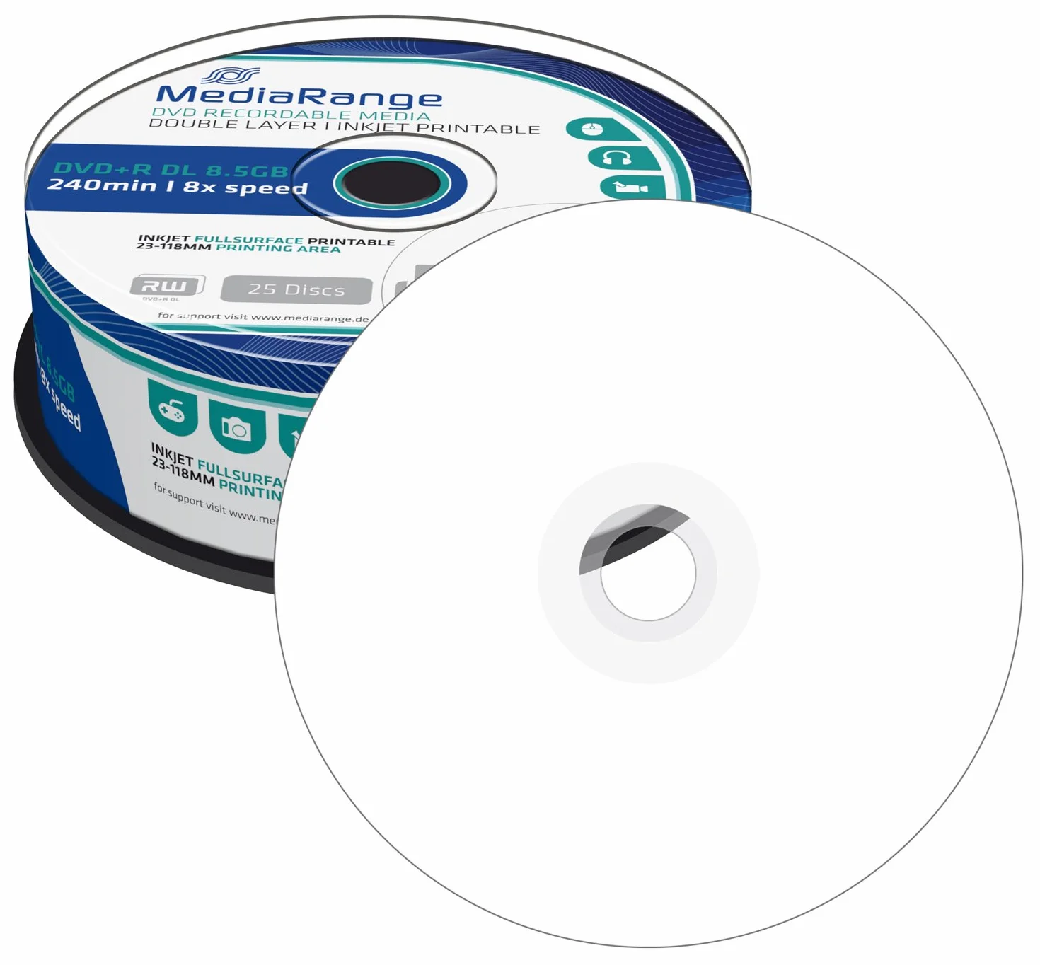 MediaRange MR474 - DVD+RW vírgenes de 8.5 GB (8X, 240 min, 25 Unidades)
