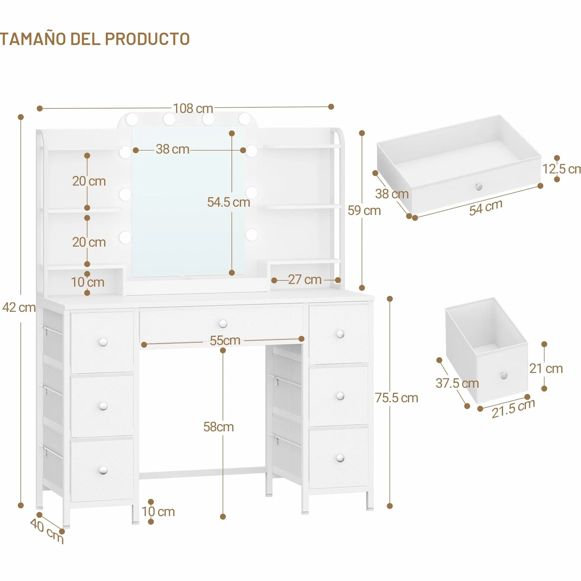 Tocador de Maquillaje con Iluminación LED, 108 cm, Espejo Grande HD, 7 Cajones, Blanco Moderno