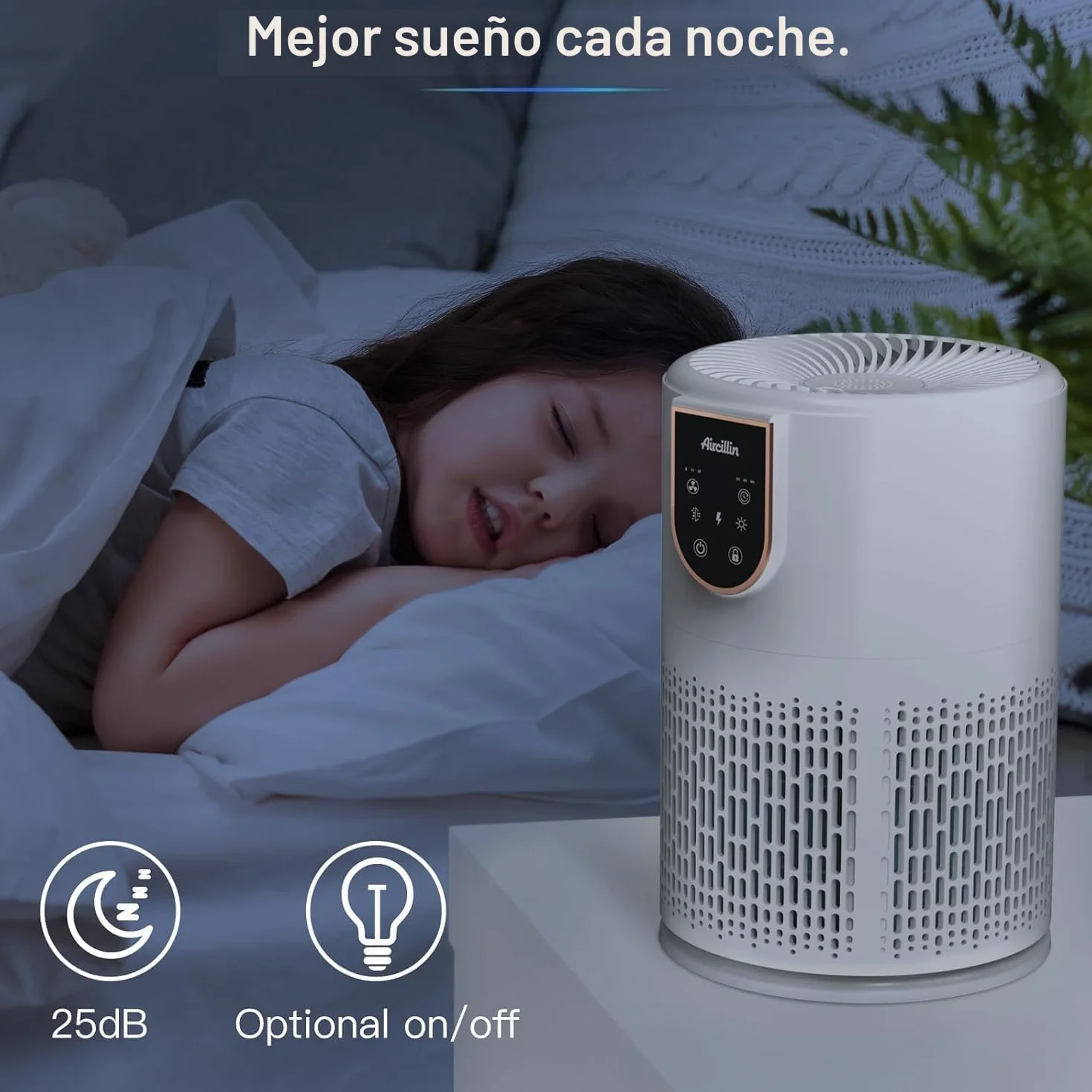 Aircillin Purificador de Aire HEPA 5 Etapas, Elimina 99.97% Polen, Caspa, Humo, 25dB Silencio, 12W Bajo Consumo